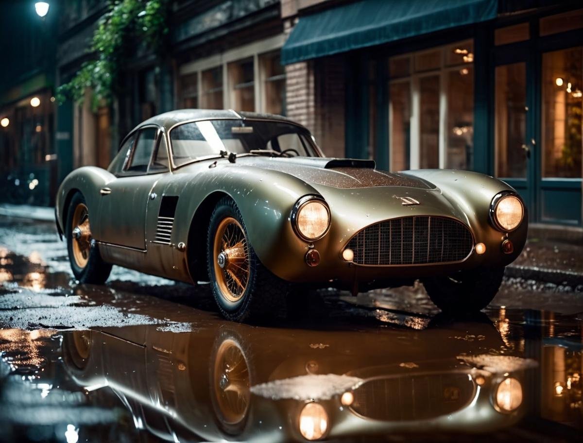 cinematic film still a photo of a dieselpunk sports car, 3/4 front view, survival, post-apocalyptic, cyberpunk, outdoors, ((night)), reflective puddles masterpiece, (overgrown city) . shallow depth of field, vignette, highly detailed, high budget, bokeh, cinemascope, moody, epic, gorgeous, film grain, grainy