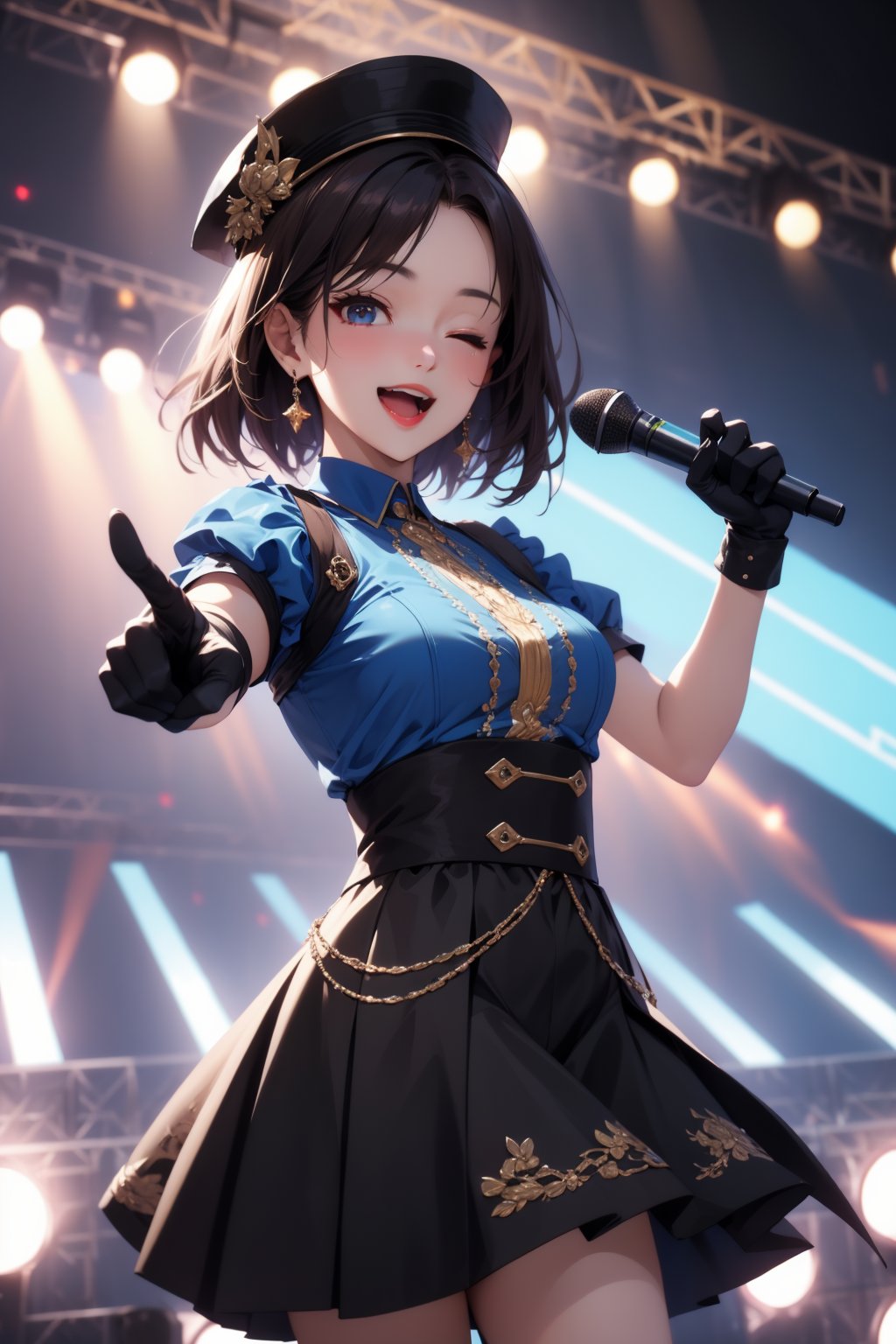 (best quality:1.4),(masterpiece:1.4),(8K:1.4),(extremely detailed:1.4),1girl, solo, idol, idol clothes, one eye closed, blue shirt, black skirt, black headwear, gloves, stage light, singing, open mouth, crowd, smile, pointing at viewer,