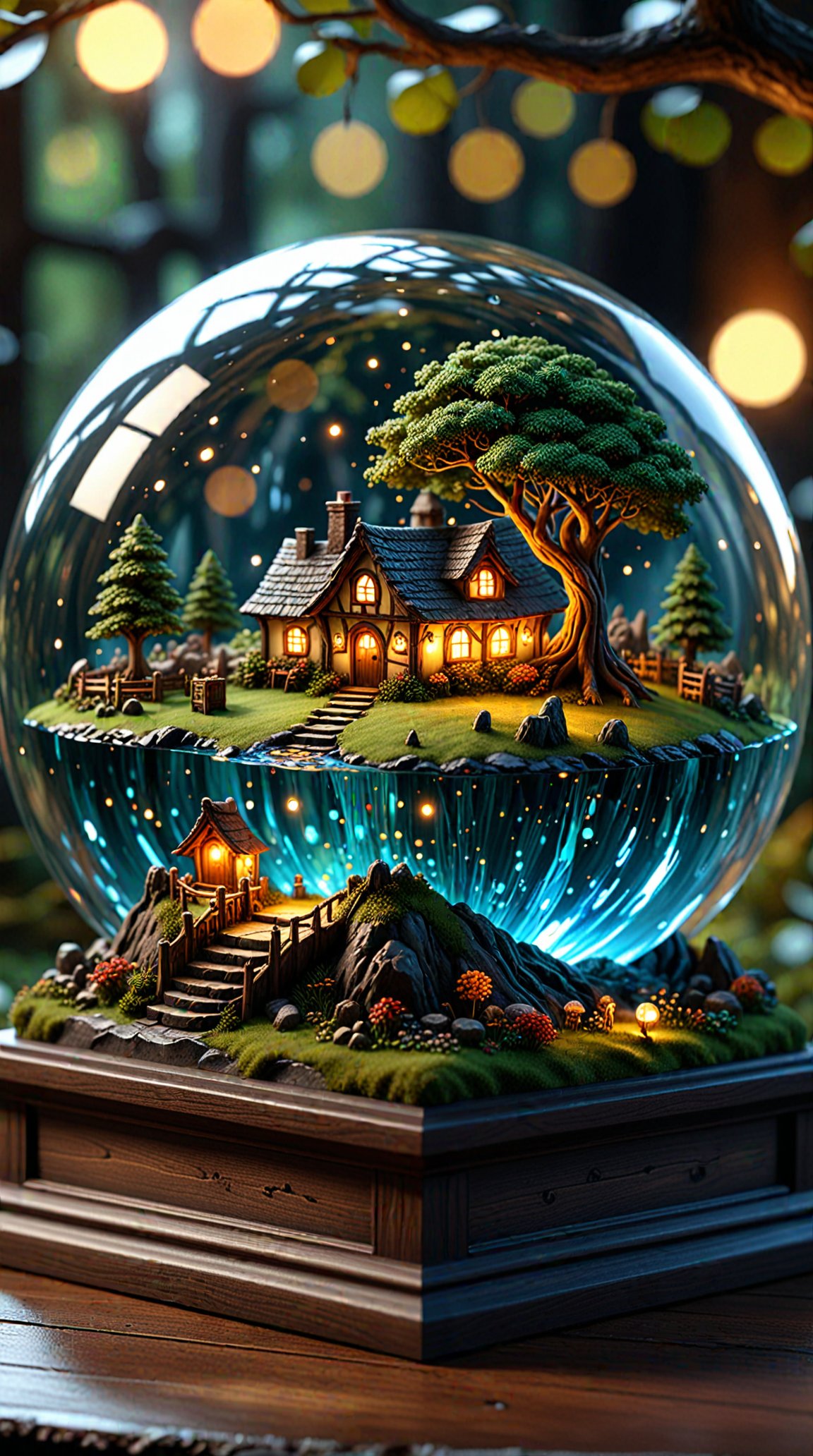 a glass cube sculpture, concealed inside is a landscape of a hobbits village, in the dark, detailed image, 8k, 8k high quality detailed art, cube shaped sphere, amazing wallpaper, digital painting highly detailed, 8K UHD detailed oil painting, beautiful art UHD, focus on glass illusion, close up, bokeh,  extremely detailed Award winning photography fantasy studio lighting photorealistic very attractive beautiful imperial colours ultra detailed 3D ,very cute