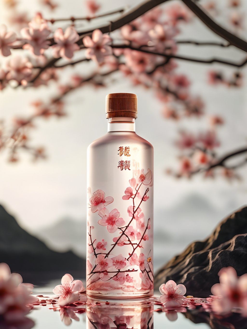 blurry,no humans,branch,bottle,depth of field,cherry blossoms,flower,blurry foreground,chinese text,tree,blurry background,scenery,floral print,GQSY 