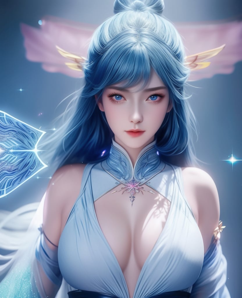 <lora:斗罗大陆-唐舞桐-海神缘:0.8>　　1girl, solo, blue hair, blue eyes, hair ornament, sparkle, looking at viewer,  (,1girl, ,best quality, ),looking at viewer,,anime,(masterpiece, top quality, best quality, official art, beautiful and aesthetic:1.2), (1girl)	, , (cleavage),extreme detailed,(fractal art:1.3),colorful, flowers ,highest detailed,(by Jeremy Lipking)    (cleavage), (),