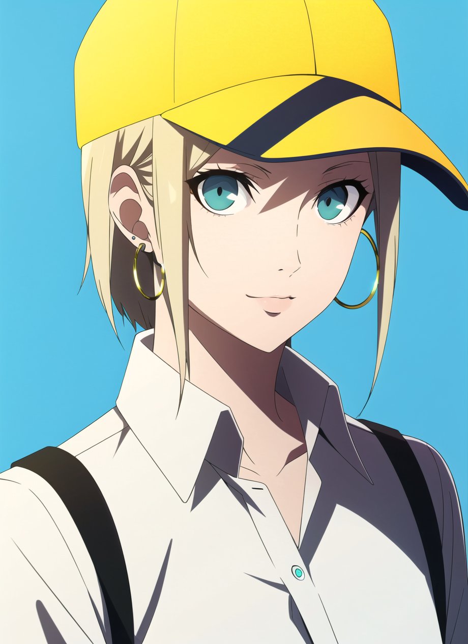 persona5 anime style, persona5 anime style, masterpiece, best quality, 1girl, aqua eyes, baseball cap, blonde hair, closed mouth, earrings, green background, hat, hoop earrings, jewelry, looking at viewer, shirt, short hair, simple background, solo, upper body, yellow shirt  <lora:persona5_anime_style_offset:1>