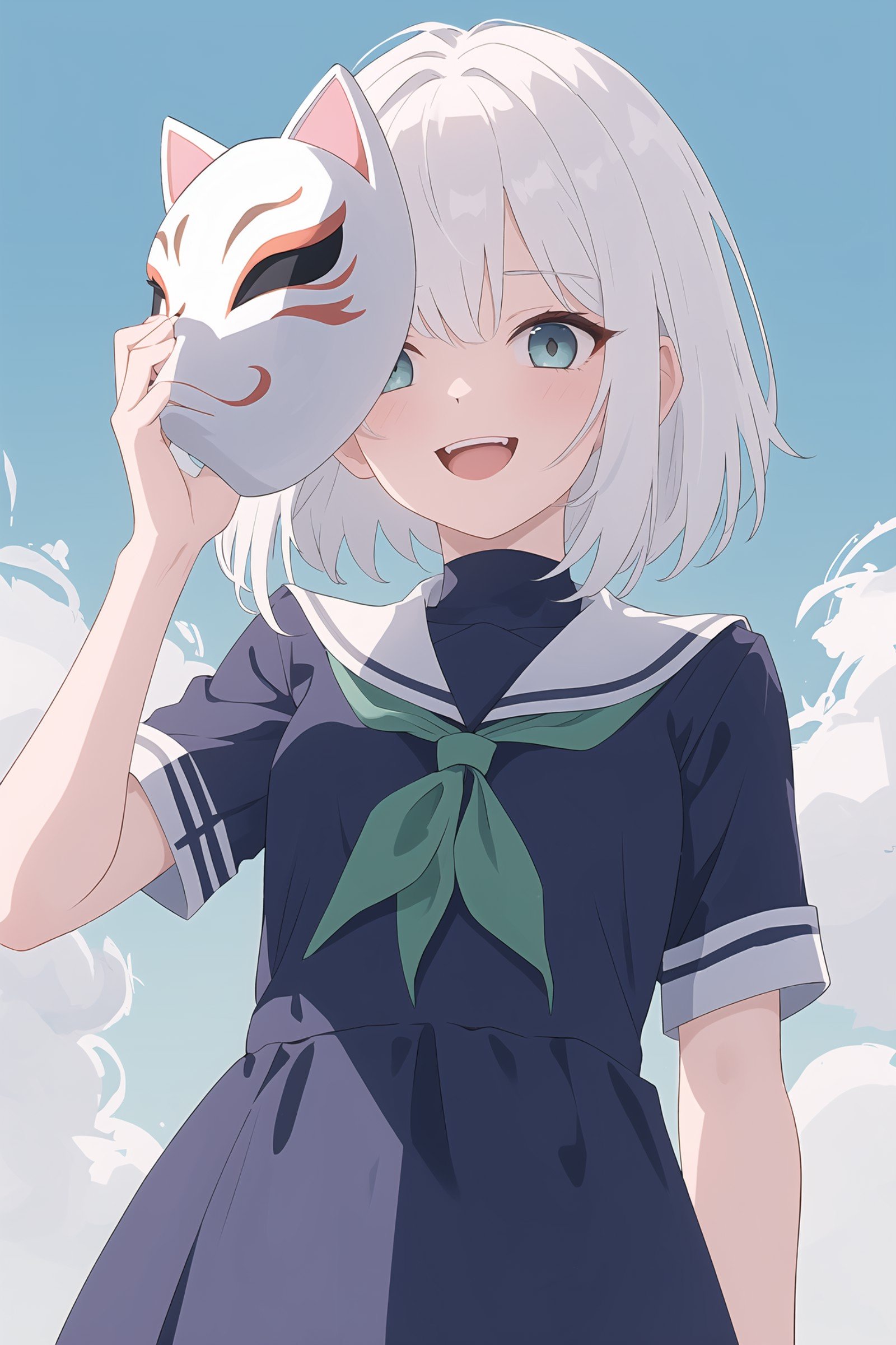 (best quality, masterpiece, highres),1girl,solo,white hair,contempt,laughing,frog cut men's hair,student,summer_uniform,dynamic_angle,looking down,looking at viewer,<lora:holding mask_v2:1>,mask on hand,covering face,cat mask,