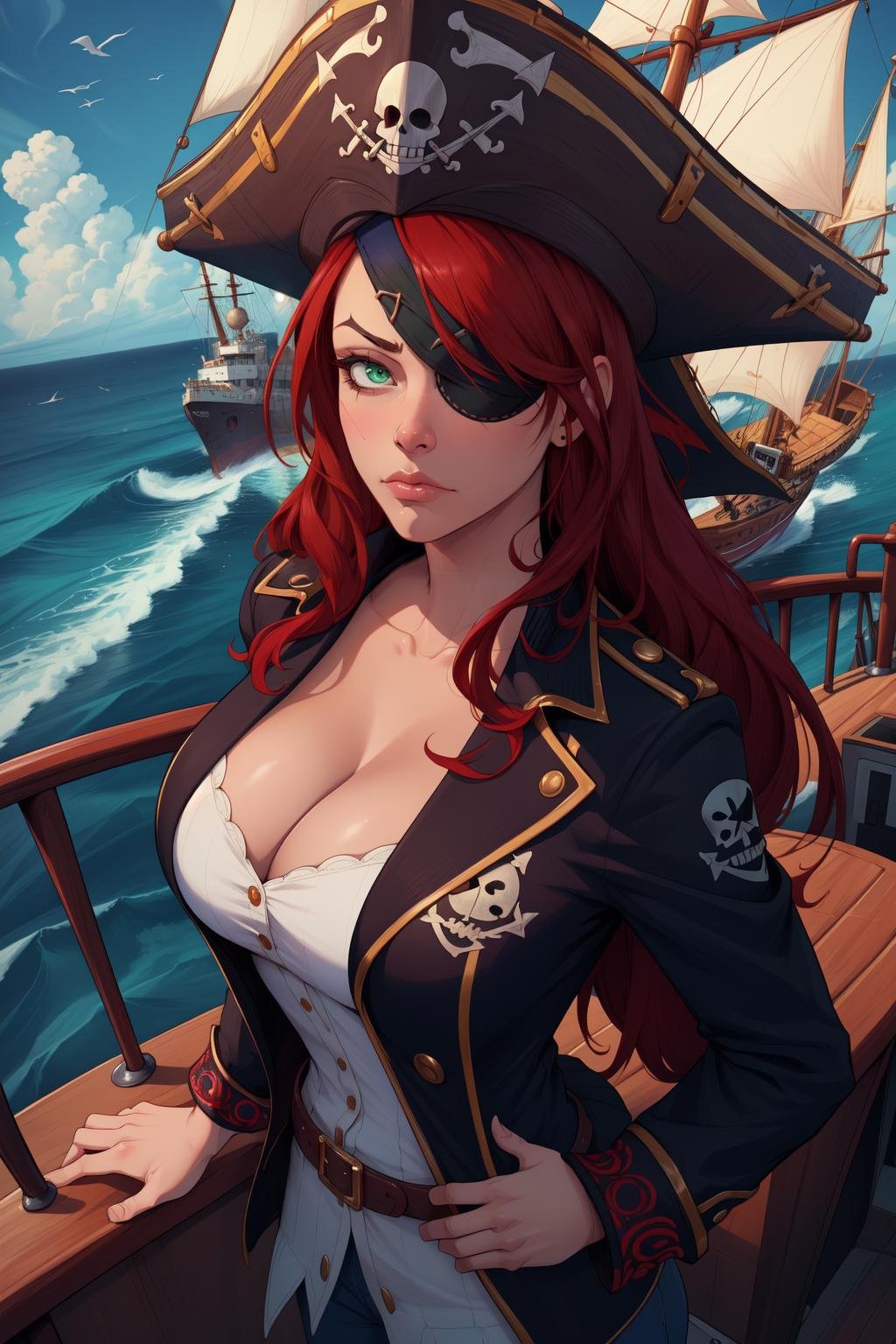 (masterpiece, best quality, absurdres, 4k, aesthetic, detailed, intricate, perfect lighting),from above,fisheye lens,1girl,solo,upper body,pirate standing on a ship,ocean in background,jacket,pirate hat,red hair,cleavage,eyepatch