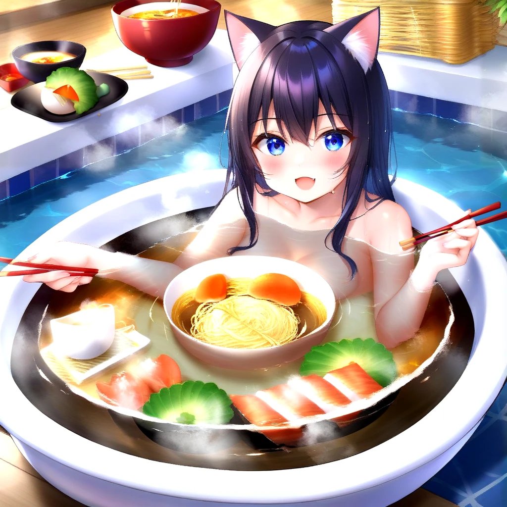 ramengirl,food, cat in food, noodles, ramen, partially submerged, bathing, steam, bowl, chopsticks