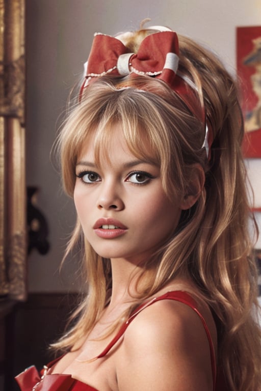 (masterpiece,best quality:1.2), high detailed,realistic,<lora:BrigitteBardotSD_v2.1merged:1>Brigitte Bardot is  a woman with a red bow on her head