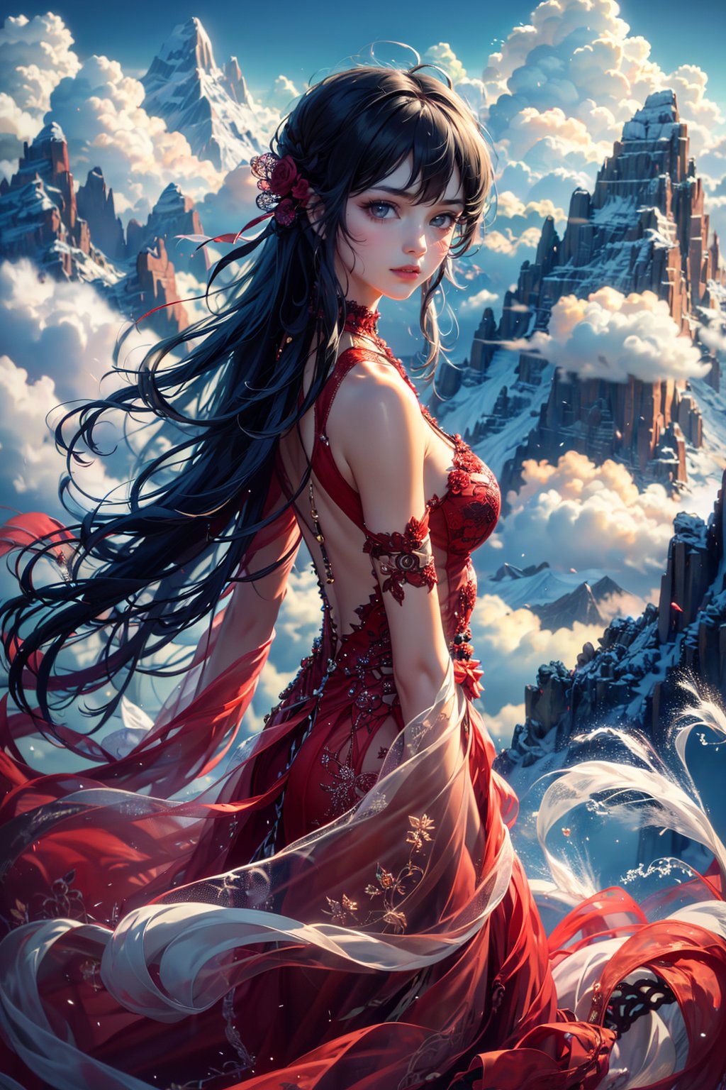 sdzs01,1girl,long hair,mountain,solo,cloud,red dress,black hair,looking at viewer,outdoors,blue sky,bare shoulders,cloudy sky,scenery,<lora:sdzs1.5:0.8>,, best quality, ultra-detailed, masterpiece, finely detail, highres, 8k wallpaper