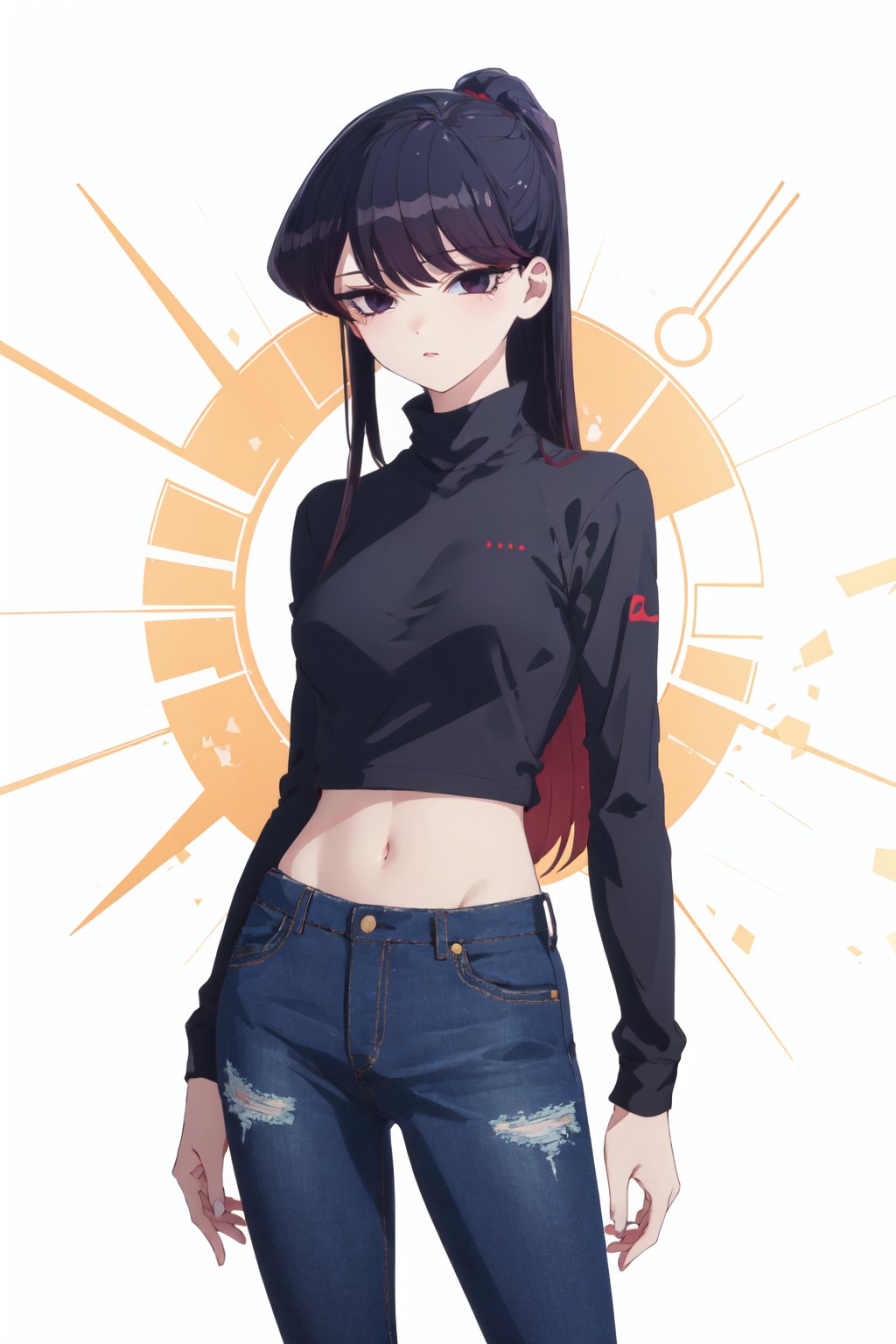 <lora:Shouko-000010:0.8>,Shouko CYQL,1girl,solo,looking at viewer,long hair,black hair,black eyes,(Cashmere_turtleneck:1.4),(Cropped_flare_jeans:1.3),(White_sneakers:1.2),(Art_studio_background:1.4),drunk,full_shot,Countertop, Cabinets, Stove, Refrigerator, Sink,(Orchid display, Tropical plants, Succulents, Humid air, Glass ceiling, Controlled lighting:0.5),beautiful detailed sky,beautiful detailed glow,posing in front of a colorful and dynamic background,masterpiece,best quality,beautiful and aesthetic,contrapposto,female focus,wallpaper,