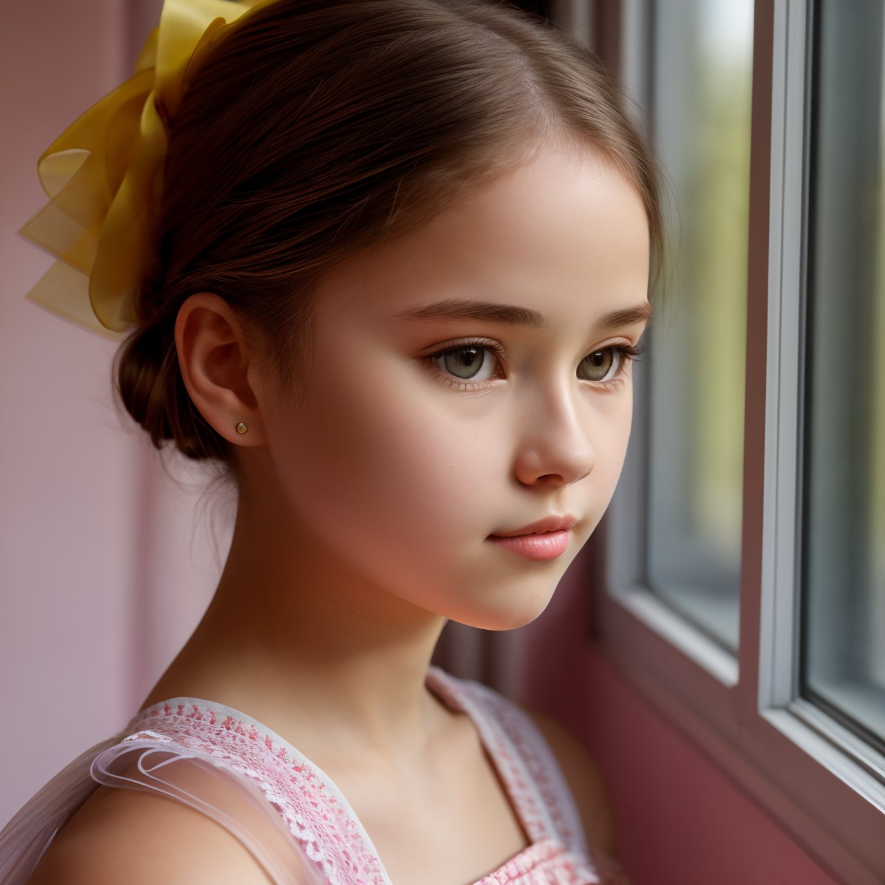 SFW, (masterpiece:1.3), extra resolution, looking back, close up of beautiful (AIDA_LoRA_HanF:1.06) <lora:AIDA_LoRA_HanF:0.78> standing next to the window, street beside the window, backlight, sunlight, pretty face, yellow dress, pink bow on her head, naughty, intricate pattern, studio photo, kkw-ph1, hdr, f1.6, getty images