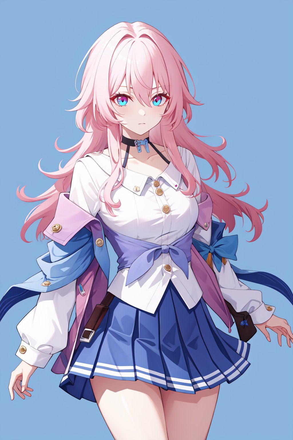 <lora:三月七:1:lbw=char>,sanyueqi,pink hair,bangs,shirt,white shirt,long sleeves,blue eyes,jacket,skirt,choker,blue jacket,blue skirt,hair between eyes,multicolored eyes,, 1girl,,  (masterpiece,best quality:1.2),absurdres