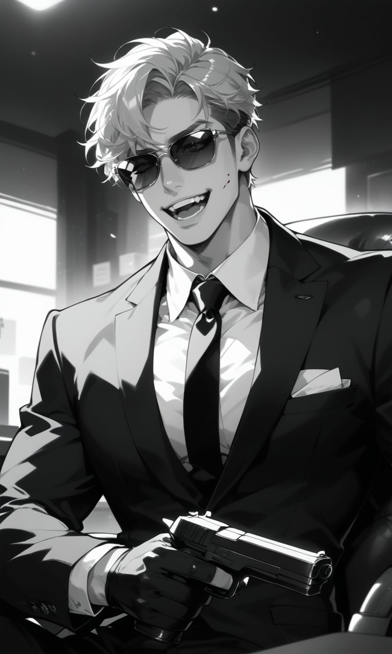 (score_9, score_8_up), score_7_up, 2D noir-style, lineart, monochrome, greyscale, black and white, manga, 1boy, bara, dark sunglasses, short hair, sitting down, on chair, dimly lit room, dark office, dark suit, black neck tie, light hair, holding a pistol, black gloves, laughing, portrait, blood, hatching, Monochrome, greyscale, hatching