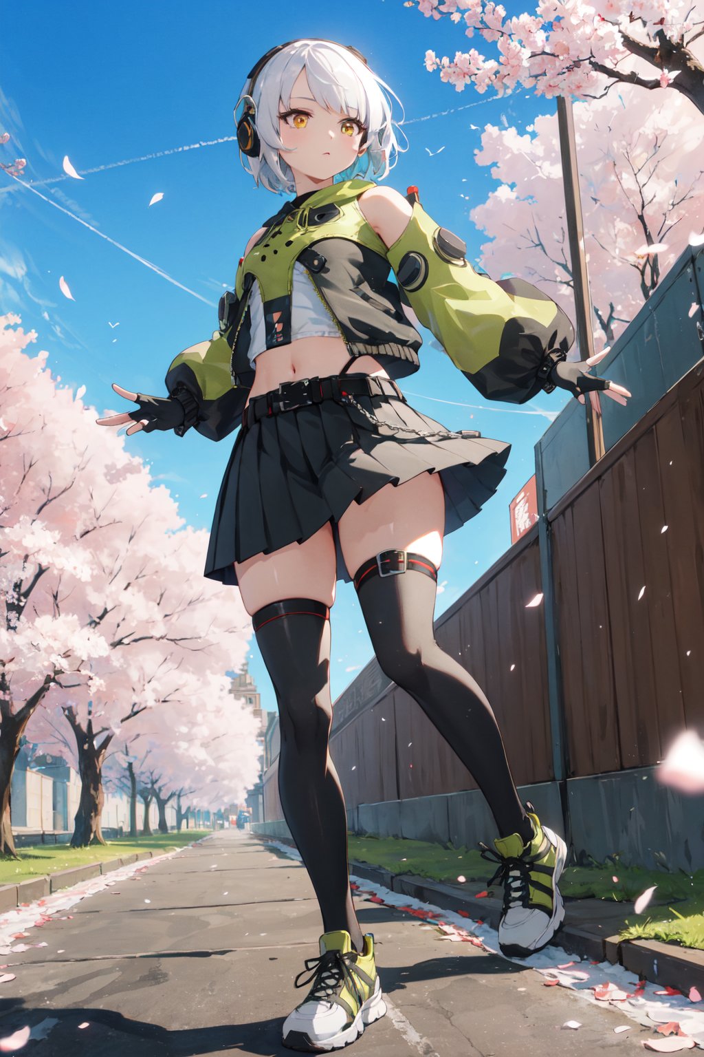 <lora:Anby-000020:0.88>,Anby CYQL,1girl,looking at viewer,solo,short hair,white hair,headphones,yellow eyes,jacket,midriff,long sleeves,detached sleeves,gloves,black gloves,fingerless gloves,navel,skirt,pleated skirt,black skirt,belt,thighhighs,black thighhighs,shoes,sneakers,green footwear,light_blush,upper_body,With the spring breeze, cherry blossom petals flutter beneath the trees in a confetti of pink and white, dancing lightly with the wind. A subtle fragrance fills the air,beautiful detailed sky,beautiful detailed glow,posing in front of a colorful and dynamic background,masterpiece,best quality,beautiful and aesthetic,contrapposto,female focus,wallpaper,