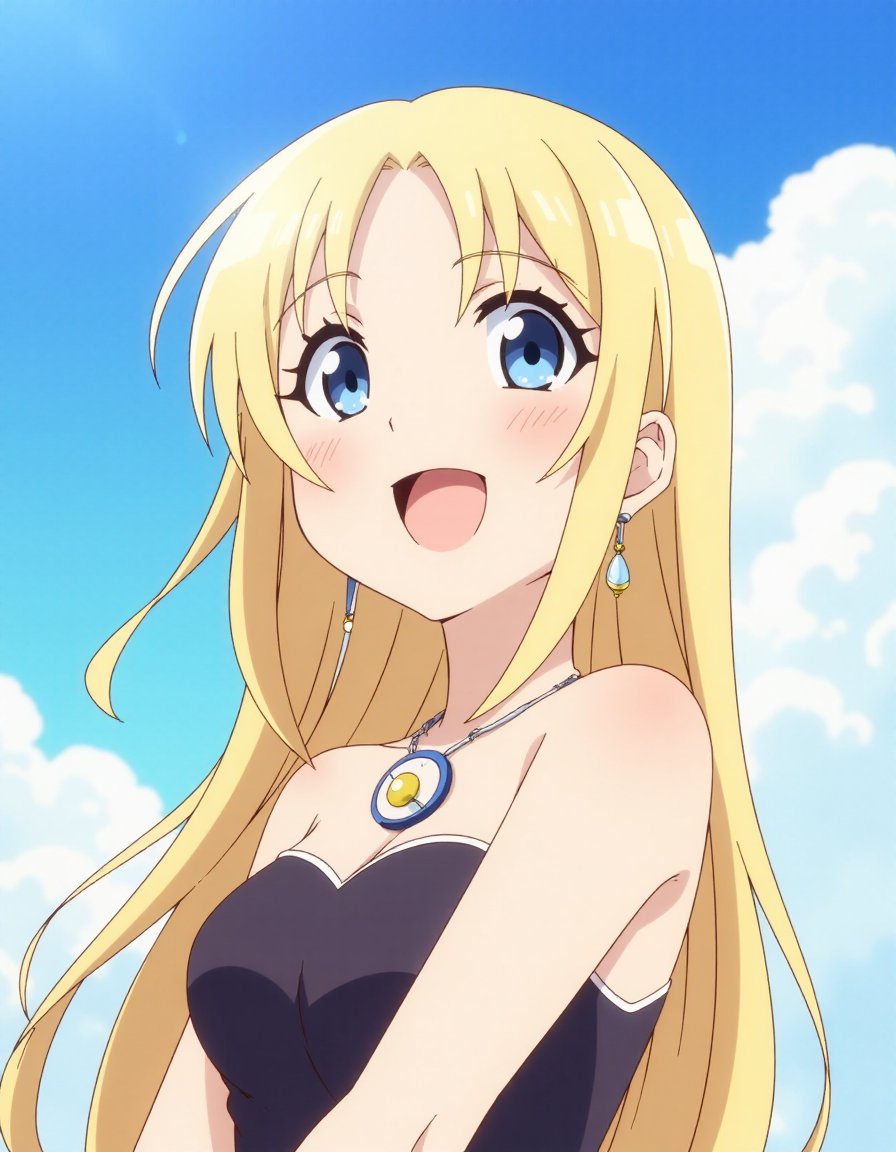 <lora:animestyle_r1:1>finetuneanime,1girl, solo, blonde hair, blue eyes, jewelry, earrings, long hair, open mouth, smile, upper body, sky, outdoors, parody