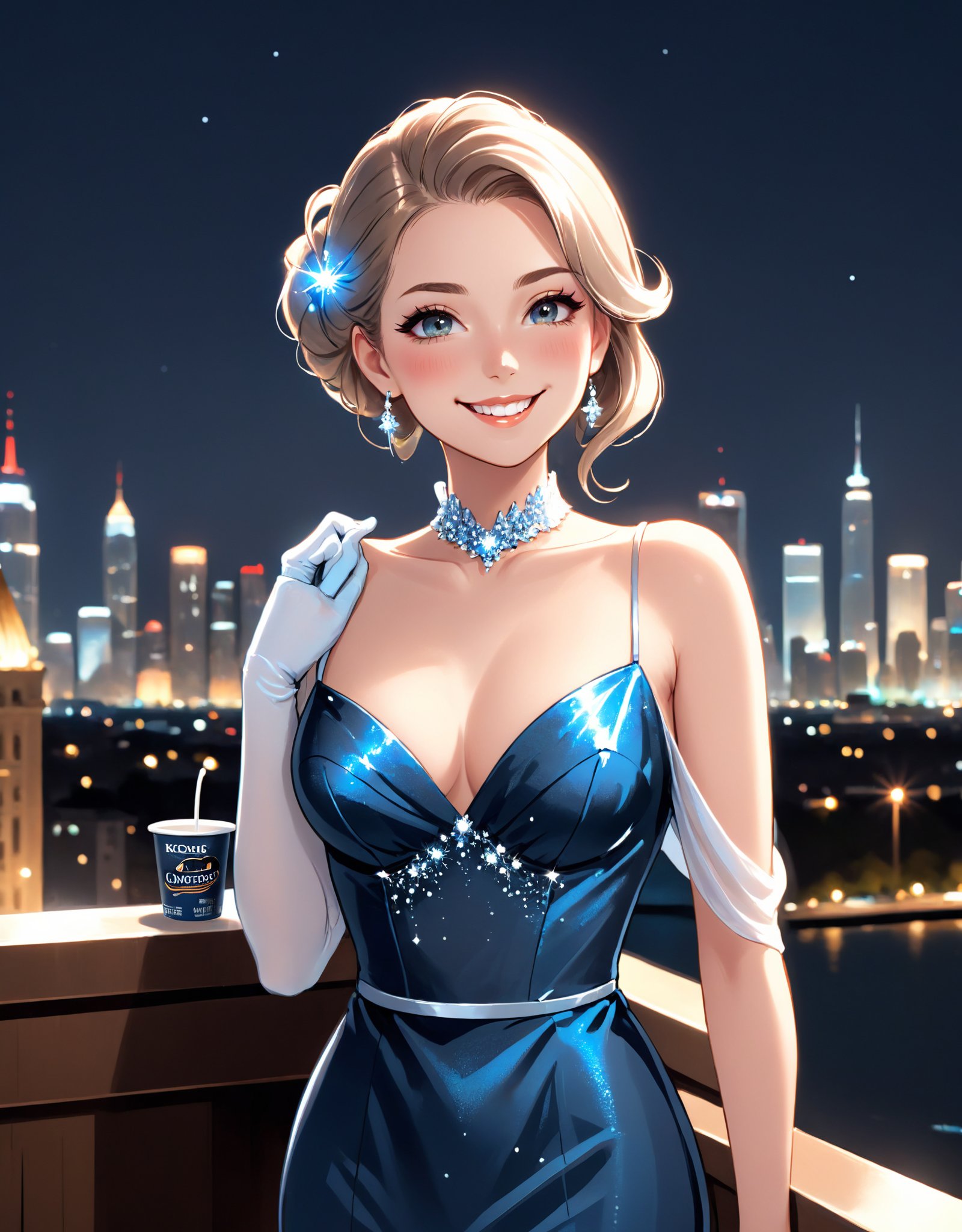 Photo of a stunning woman with K-cup bust, wearing a glamorous evening gown, standing in front of a city skyline at night, exuding elegance and confidence. Her radiant smile complements her impeccable makeup and polished hairstyle, making her the epitome of sophistication and allure.