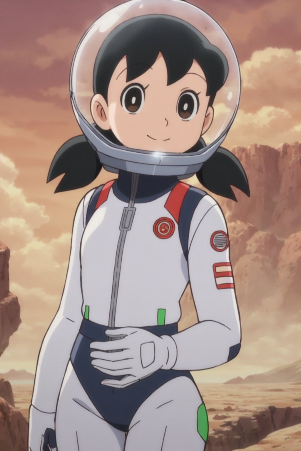 score_9, score_8_up, score_7_up, score_6_up, score_5_up, score_4_up, source_anime,minamoto shizuka, black hair, twintails, cowboy shot, 1girl, solo, smile, Girl in a spacesuit stepping onto the surface of Mars, Earth visible in the distance, vast red landscape, futuristic colony in the background, sense of wonder and exploration, epic sci-fi scene, hyper-realistic detail,masterpiece, perfect face, best quality, beautiful girl, cute girl, beautiful eyes, shiny eyes, anime coloring, anime screencap, absurdres,  <lora:minamoto shizuka auti 912:0.8>