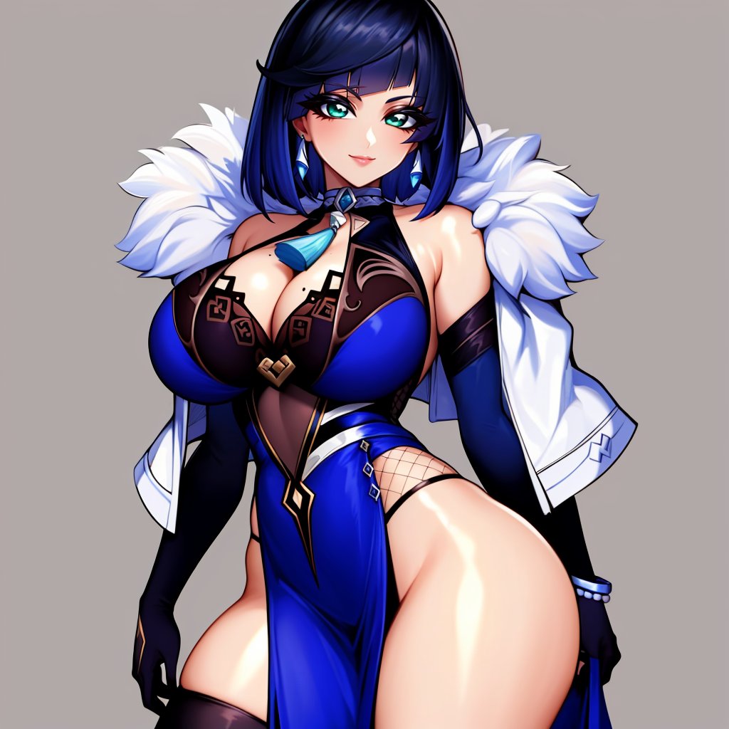 (masterpiece, best quality:1.3), JUGGERTUUL, 1girl, solo, looking at viewer, wide hips, mature female, simple background, closed mouth, seductive smile, large breasts, cowboy shot, thick thighs,  <lora:JUGGERTUUL Style Lora:1>, character \(series\) jewelry, gloves, jacket, dice, mole, dress, earrings, tassel, sleeveless, green eyes, short hair, blue hair, vision (genshin impact), fur trim, white jacket, mole on breast, bob cut, multicolored hair, black hair, fur-trimmed jacket, elbow gloves, bare shoulders, blue dress, diagonal bangs, clothing cutout, pelvic curtain <lora:Yelan_Hard:.8>