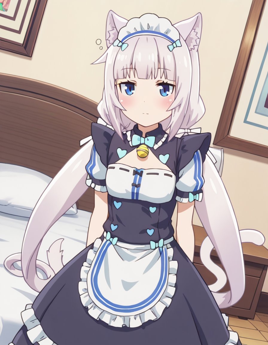 score_9, score_8_up, score_7_up, source_anime,nekoparavanilla, <lora:nekopara-vanilla-s1-ponyxl-lora-nochekaiser:1>,vanilla, long hair, bangs, blue eyes, animal ears, twintails, very long hair, white hair, cat ears, blunt bangs, animal ear fluff, low twintails, cat girl,dress, bow, tail, short sleeves, frills, bowtie, apron, cat tail, maid, maid headdress, bell, cat girl, waist apron, jingle bell, neck bell, waitress,indoors, bed, bed room, on side, blush, drunk,looking at viewer, solo, cowboy shot, dutch angle,