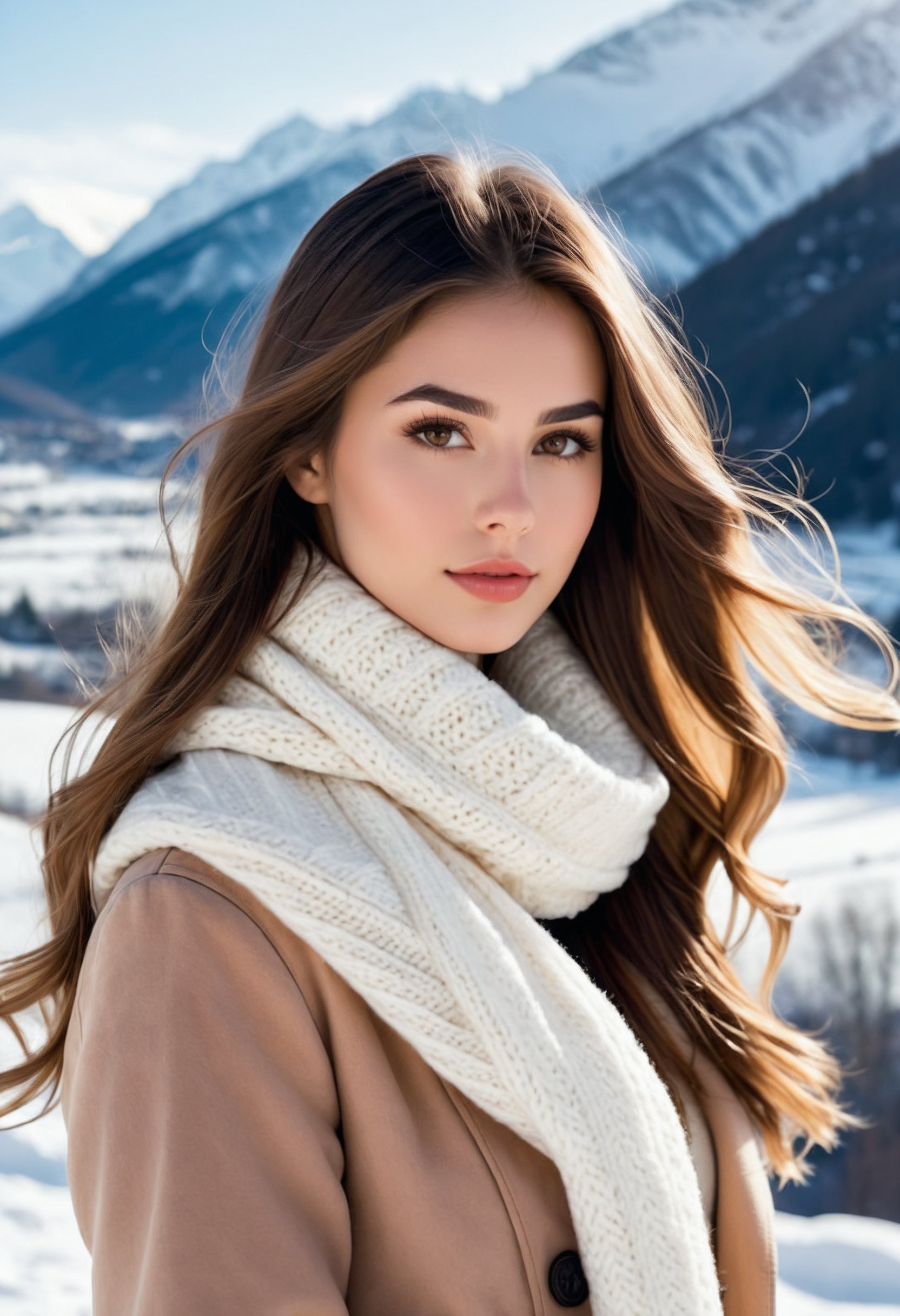 A photorealistic upper body portrait of an attractive young woman with long flowing hair, symmetrical facial features, expressive brown eyes, rosy cheeks, and full lips. She has a feminine silhouette and is dressed in winter attire, standing in a snowy landscape with majestic snow-capped mountains in the background. The woman gazes directly at the viewer with soft winter lighting, capturing high detail in 8k resolution.