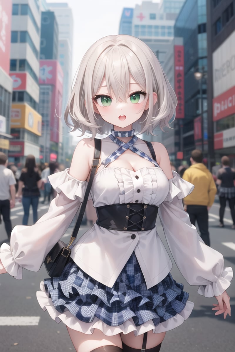 <lora:talkmouth_U_type1_v200:1>insanely detailed, absurdres, ultra-highres, ultra-detailed, best quality,1girl, solo, nice hands, perfect handsBREAK(a checkered clothes:2.0), (a checkered idol clothes:1.6), (short frill sleeve:1.3), (layered skirt,multilayer-skirt:1.6), (white thigh-high socks:1.4), (white choker,white glove with frill:1.3)BREAK(nsfw:-1.5)BREAKsmile, open mouthBREAKfrom below,standing, cowboy shot, looking at viewerBREAKslender, kawaii, perfect symmetrical face, ultra cute girl, ultra cute face, ultra detailed eyes, ultra detailed hair, ultra cute, ultra beautifulBREAKin street, cityscape in akihabara, depth of field, ultra detailed backgroundBREAKmedium large breastsBREAKgrey hair, green eyes, messy hair, hair between eyes