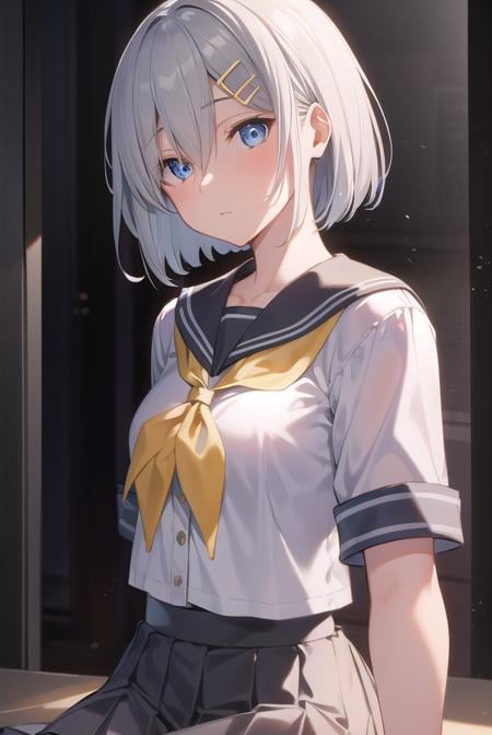 hamakaze, <lora:hamakaze-lora-nochekaiser:1>, hamakaze, blue eyes, grey hair, hair ornament, hair over one eye, hairclip, short hair, short hair,BREAK black pantyhose, buttons, gloves, grey sailor collar, grey skirt, hairclip, neckerchief, pantyhose, pleated skirt, sailor collar, school uniform, serafuku, skirt, white gloves, yellow neckerchief,BREAK looking at viewer,BREAK indoors, classroom,BREAK <lyco:GoodHands-beta2:1>, (masterpiece:1.2), best quality, high resolution, unity 8k wallpaper, (illustration:0.8), (beautiful detailed eyes:1.6), extremely detailed face, perfect lighting, extremely detailed CG, (perfect hands, perfect anatomy),