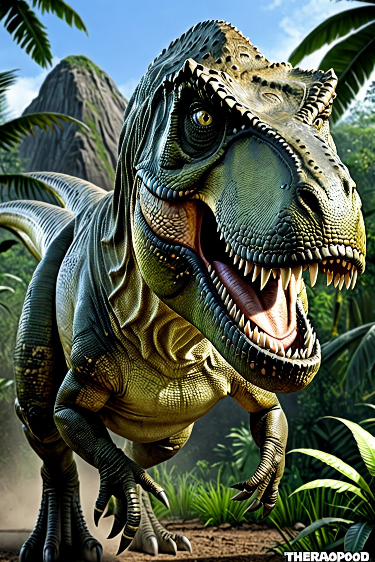 ((masterpiece, best quality)), high resolution, 32k picture, realistic,    zzTrex, solo, therapod, Jurassic jungle, upper body, portrait, teeth, detailed eyes,    ,<lora:Trex_Dinosaur_XL:0.7>