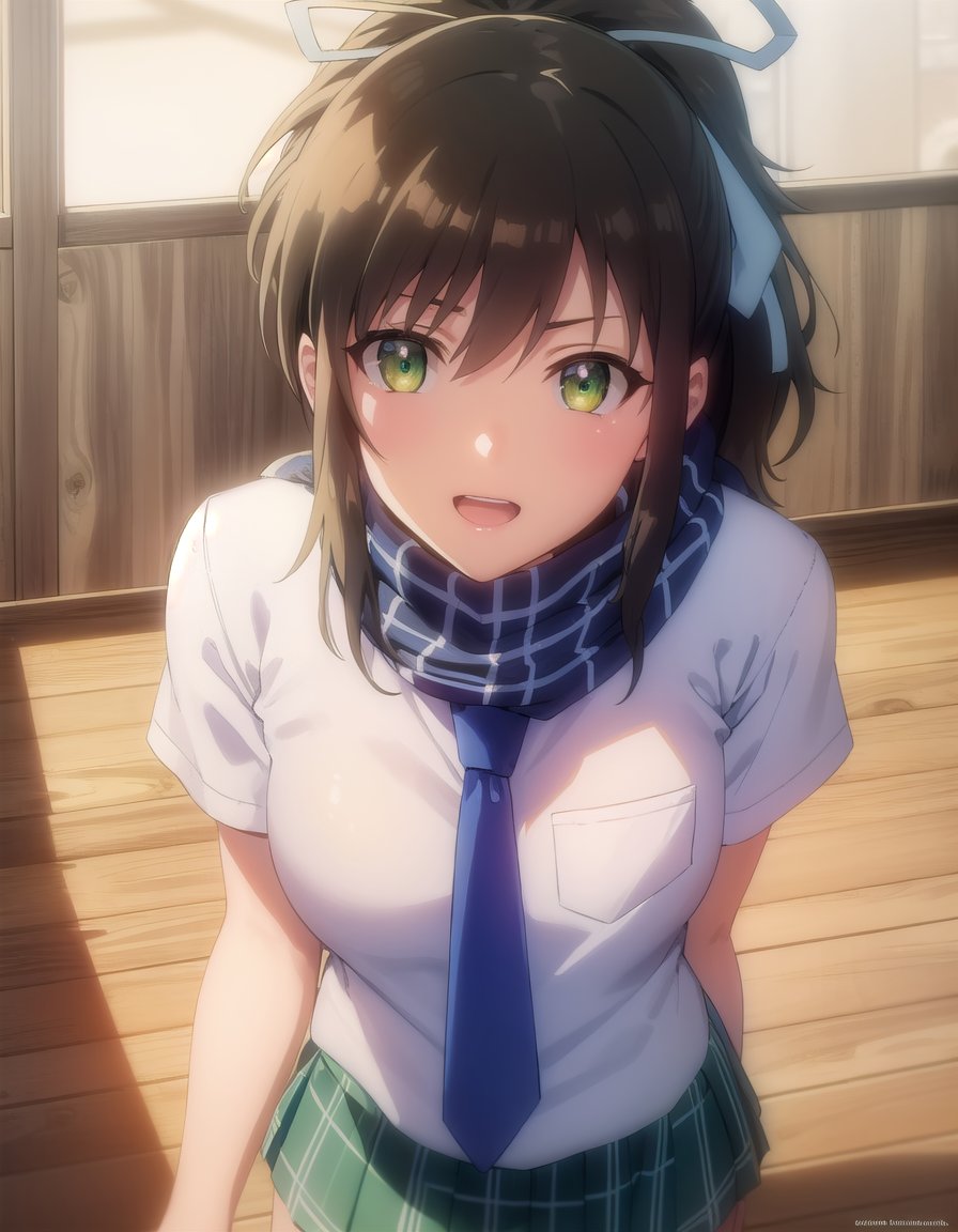 skasuka, <lora:sk asuka s1-lora-nochekaiser:1>,asuka, brown hair, (green eyes:1.3), ribbon, hair ribbon, ponytail, smile,BREAK skirt, school uniform, necktie, scarf, short sleeves,BREAK indoors, classroom,BREAK looking at viewer, (cowboy shot:1.5),BREAK <lyco:GoodHands-beta2:1>, (masterpiece:1.2), best quality, high resolution, unity 8k wallpaper, (illustration:0.8), (beautiful detailed eyes:1.6), extremely detailed face, perfect lighting, extremely detailed CG, (perfect hands, perfect anatomy),