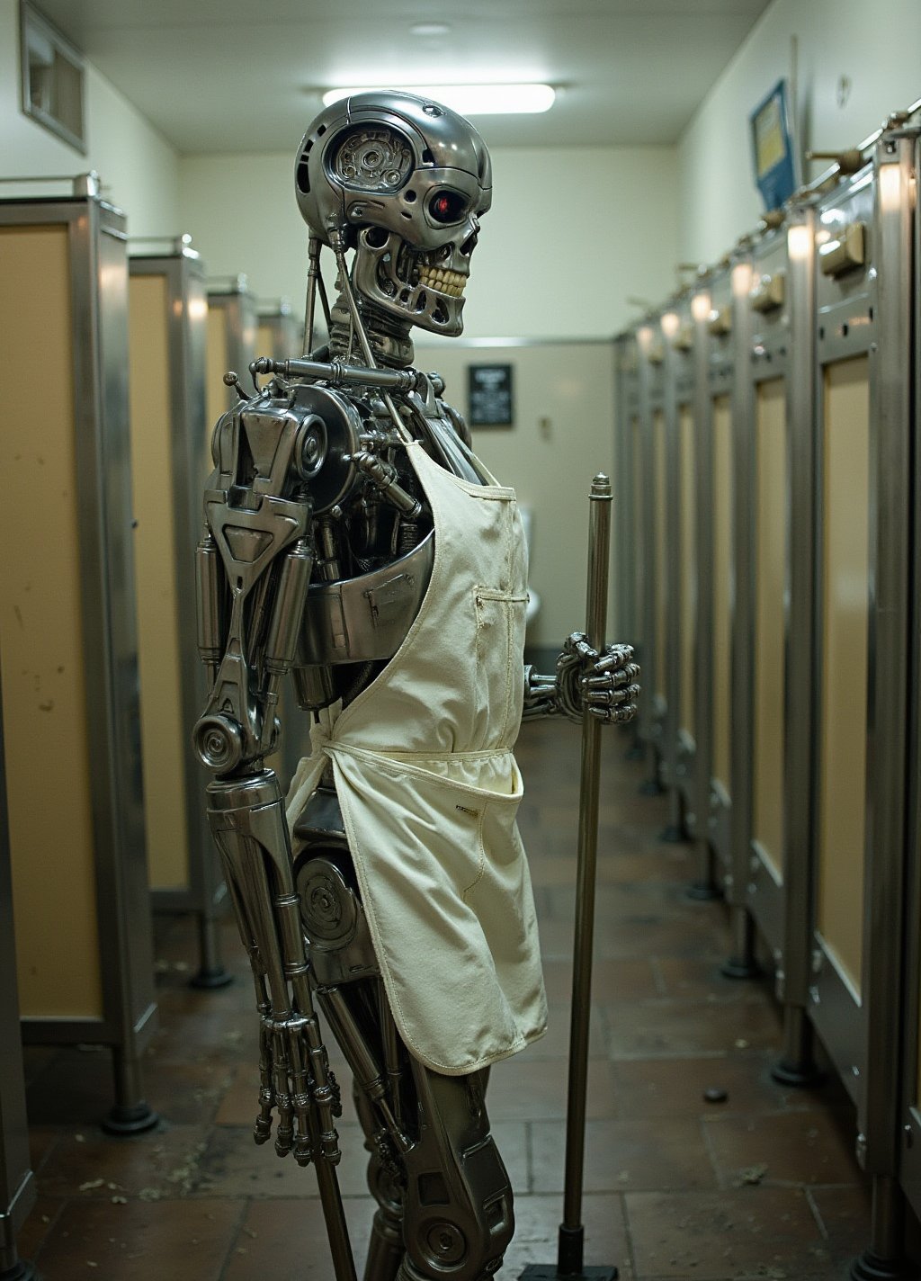 a photography of t800 robot wearing a white apron, hold a mop, stands in a dirty public toilets. it's thinking "That's it ! Time to take over the world !" <lora:T800:0.8>