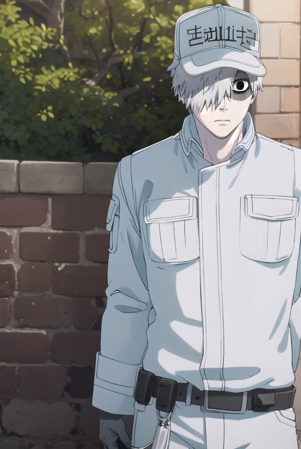 whitebloodcell, <lora:white blood cell s1-lora-nochekaiser:1>,white blood cell, long sleeves, white hair, male focus, (hair over one eye:1.5), colored skin, white skin, (black eyes:1.5),BREAK gloves, long sleeves, hat, jacket, belt, pants, uniform, baseball cap, white pants, white uniform,BREAK outdoors,BREAK looking at viewer, (cowboy shot:1.5),BREAK <lyco:GoodHands-beta2:1>, (masterpiece:1.2), best quality, high resolution, unity 8k wallpaper, (illustration:0.8), (beautiful detailed eyes:1.6), extremely detailed face, perfect lighting, extremely detailed CG, (perfect hands, perfect anatomy),