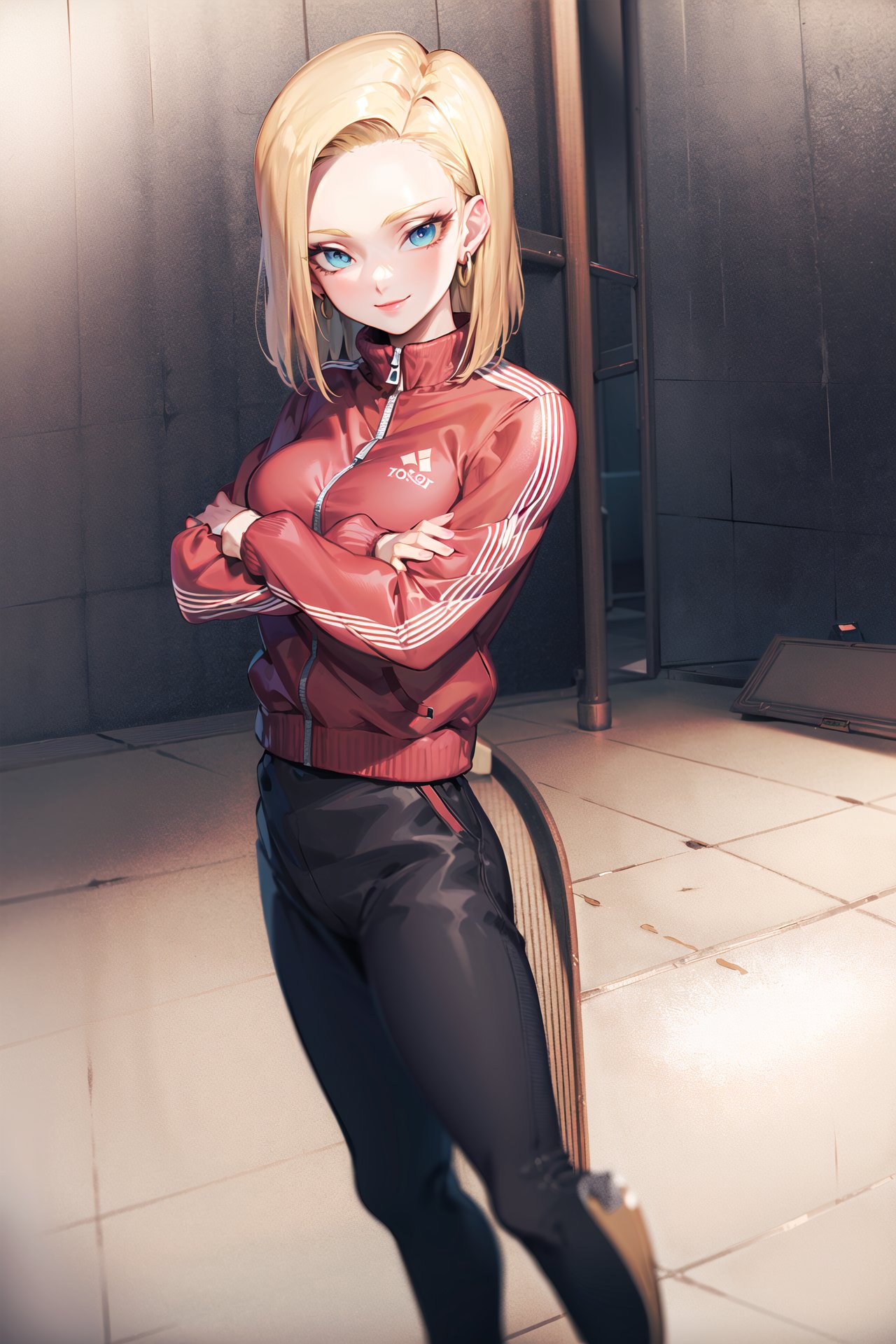 masterpiece, best quality, ultra-detailed, absurdres, Potrait of beautiful Android18DB, solo, earrings, jewelry, looking_at_viewer, jacket, smile, pants, track_jacket, track_suit, crossed_arms, track_pants, black_pants, volumetric lighting, best quality, masterpiece, intricate details, tonemapping, sharp focus, hyper detailed, trending on Artstation, <lora:Android18DB:1>