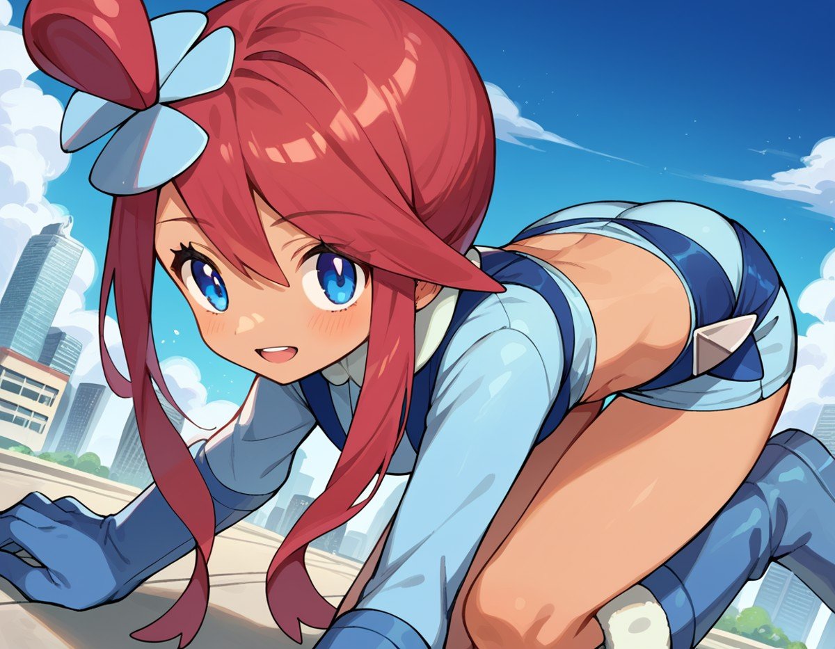 score_9, score_8_up, score_7_up, source_anime,pokemonskyla, <lora:pokemon-skyla-ponyxl-lora-nochekaiser:1>pokemonskyla, blue eyes, hair ornament, one side up, red hair, short hair with long locks, sidelocks,blue footwear, blue gloves, blue jacket, blue shorts, boots, crop top, cropped jacket, gloves, jacket, midriff, navel, short shorts, shorts, thigh pouch,outdoors, cityscape, bent over,looking at viewer, cowboy shot, dutch angle,