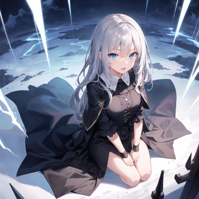 masterpiece,best quality,1girl,sitting,from above,blue eyes,storm clouds,lightning,arms behind,long gothic robe,long silver hair,looking at viewer,open mouth