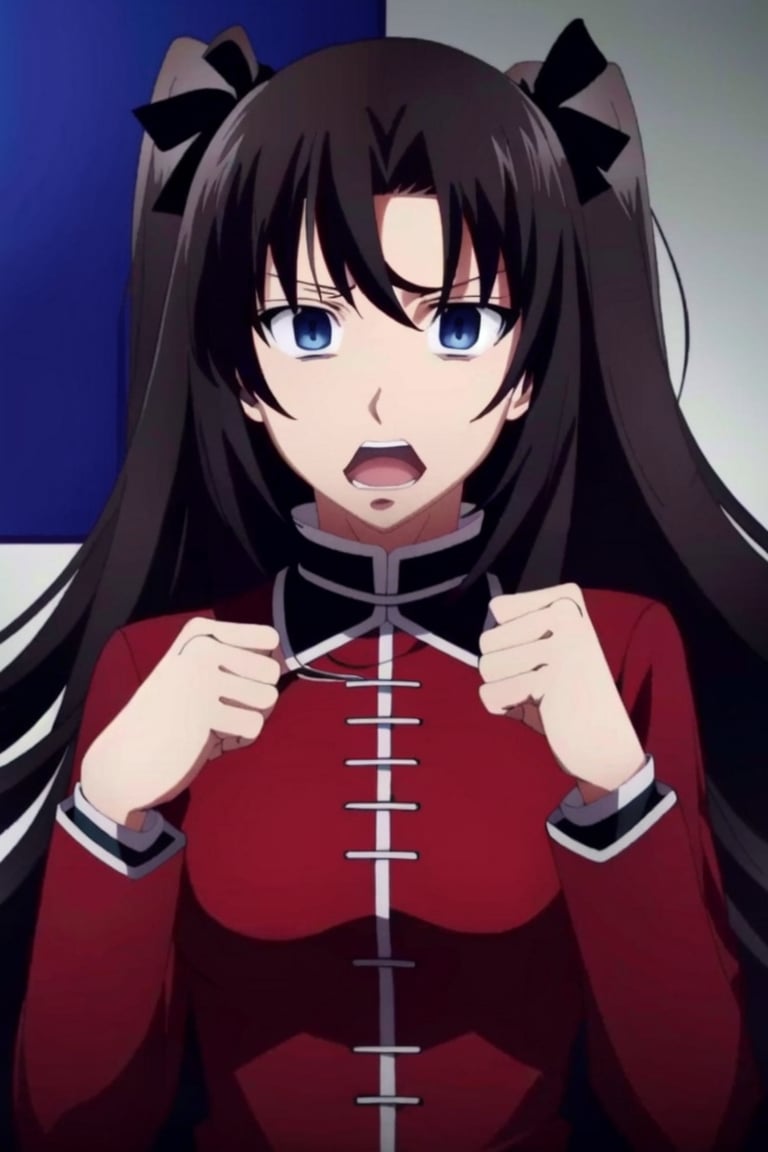 ((HRD, HUD, 8K)),((masterpiece, best quality)), highly detailed,YanYi, tohsaka rin, 1girl, solo, long hair, open mouth, black hair, looking at viewer, parody, anime coloring, blue eyes, ribbon, hair ribbon, sweatdrop, two side up,  <lora:20240601-1717211833822:0.9>