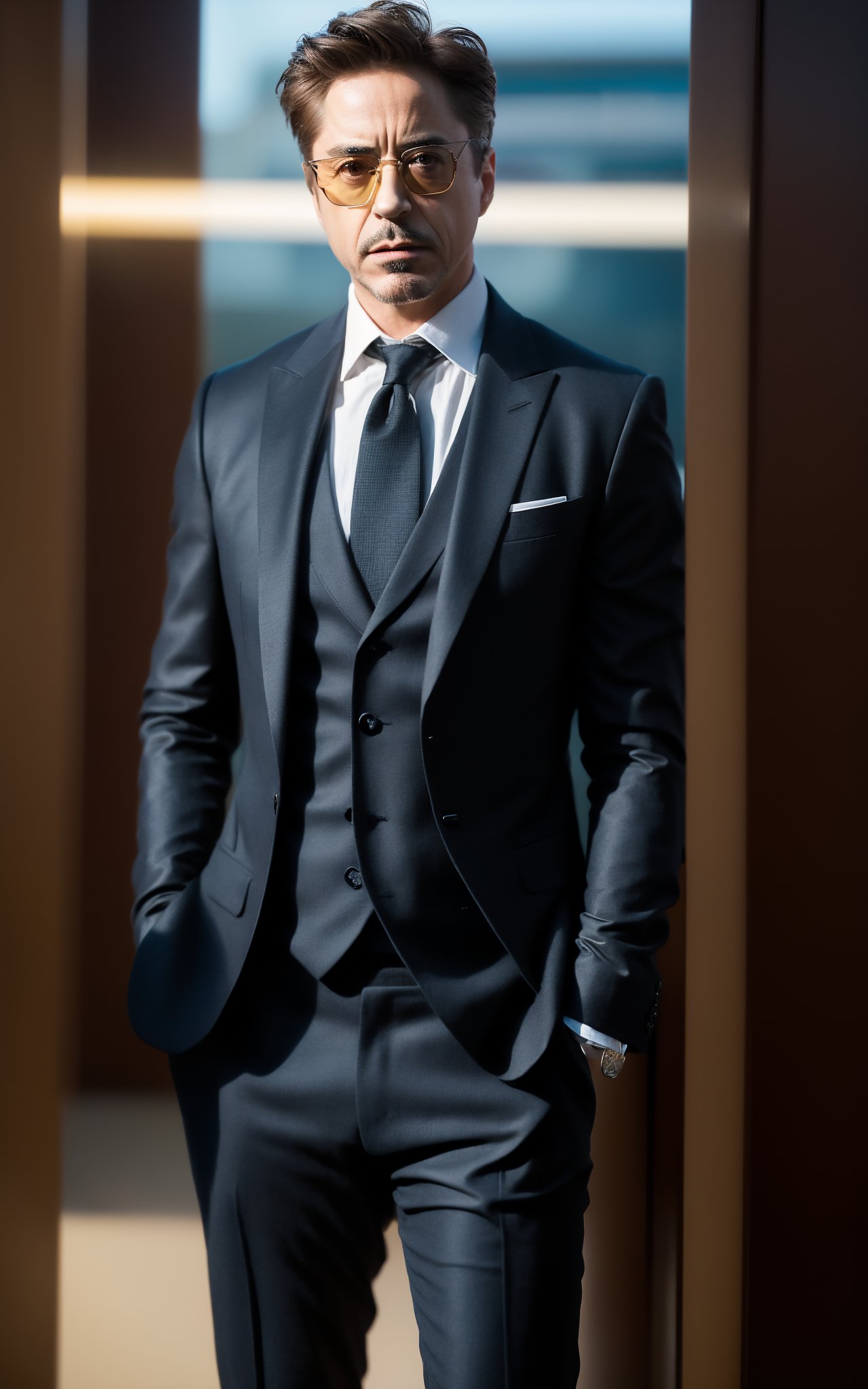 Robert Downey Jr.,wearing a suit to attend the meeting, (masterpiece, top quality, best quality, official art, beautiful and aesthetic:1.2),cover art,(photo effect:1.5),