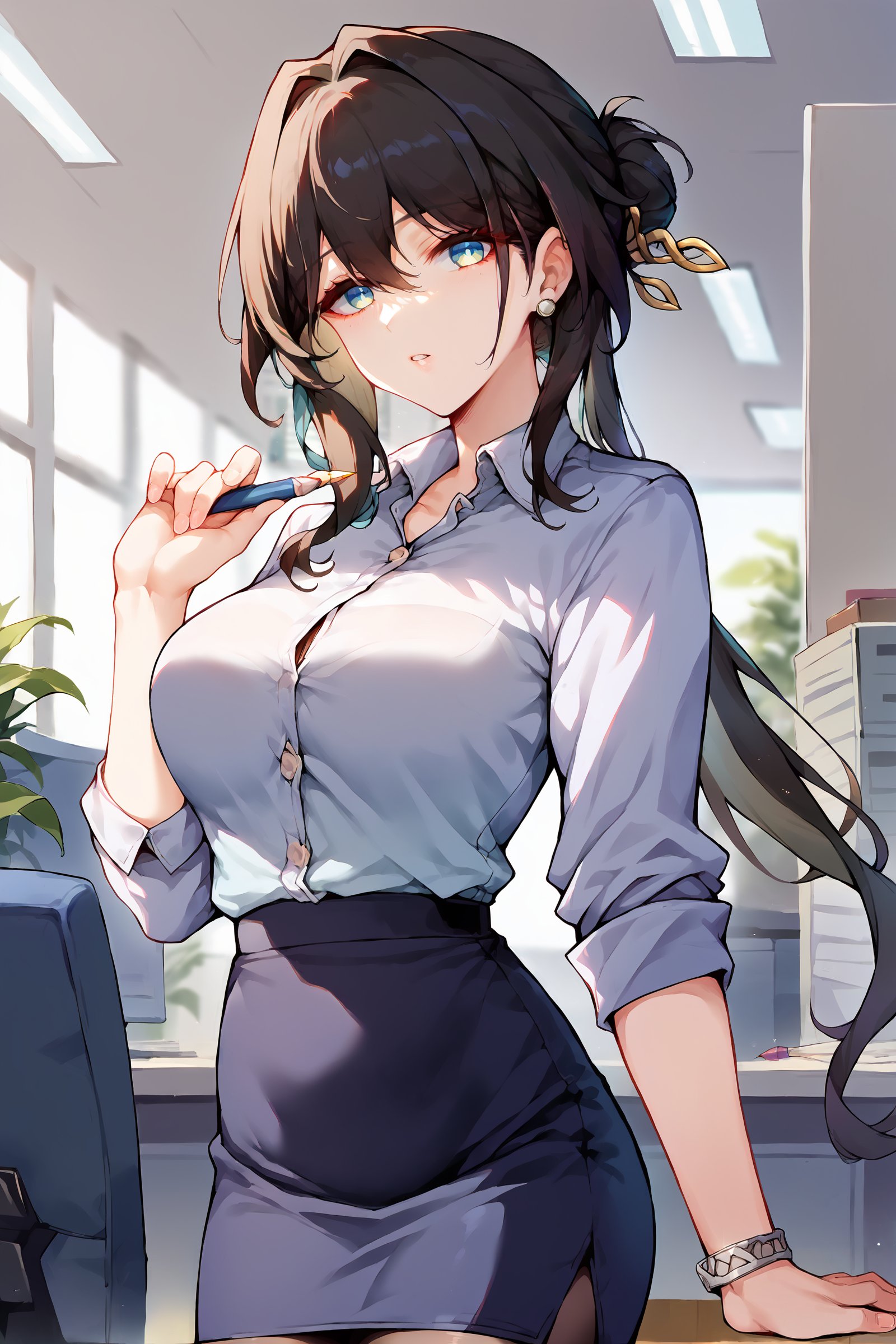 1girl, ruan mei \(honkai: star rail\), office lady, collared shirt, pencil skirt, pantyhose, looking at viewer, parted lips, cowboy shot, office, indoors, depth of field <lora:Expressive_H:0.3>, <lora:urushihara-lora04_PonyXL:0.7>, <lora:Char-HonkaiSR-Ruanmei-Pony-V1:0.9>, score_9, score_8_up, score_7_up 