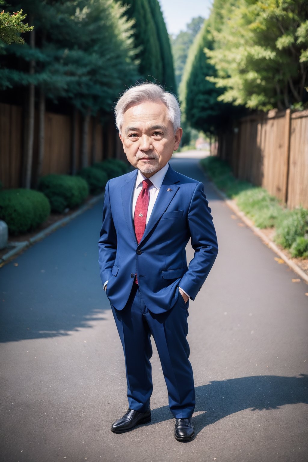 necktie, 1boy, male focus, chibi, red necktie, pants, hands in pockets, realistic, looking at viewer, outdoors, shirt, blurry, suit, blurry background, jacket, formal, black footwear, white shirt, road, standing, blue jacket, grey hair, tree, blue pants, black pants, collared shirt, shoes, buttons, full body, solo focus, closed mouth, solo, short hair, day, long sleeves, photorealistic, depth of field, old, grey eyes, blazer, old man, street, white hair