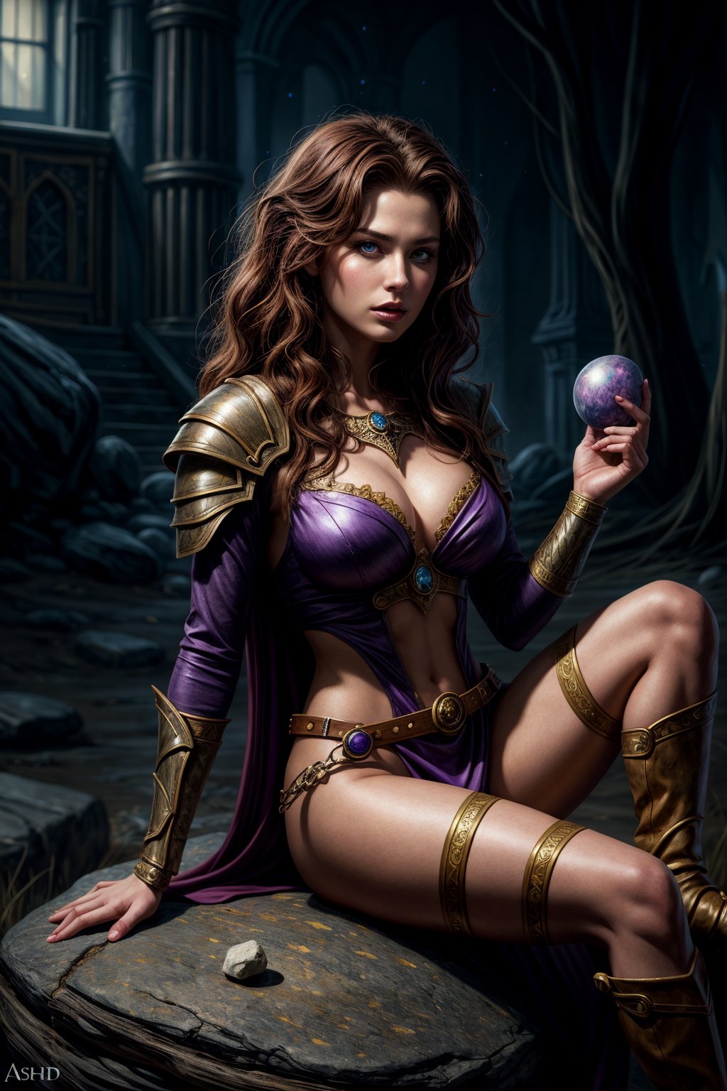 a woman in a costume sitting on a rock holding a purple object in her hand and a purple light in her hand, Art of Brom, magic the gathering artwork, concept art, fantasy art, (masterpiece:1.3), (absurdres:1.4), (photorealistic:1.3), (post processing:1.3), (8k-uhd:1.3) (intricate:1.4), (hires:1.29), (ultra high quality:1.31), (high quality shadow:1.19), (best quality:1.33), (vrays:1.3) (sharp:1.3)<lora:add_detail:0.8> 