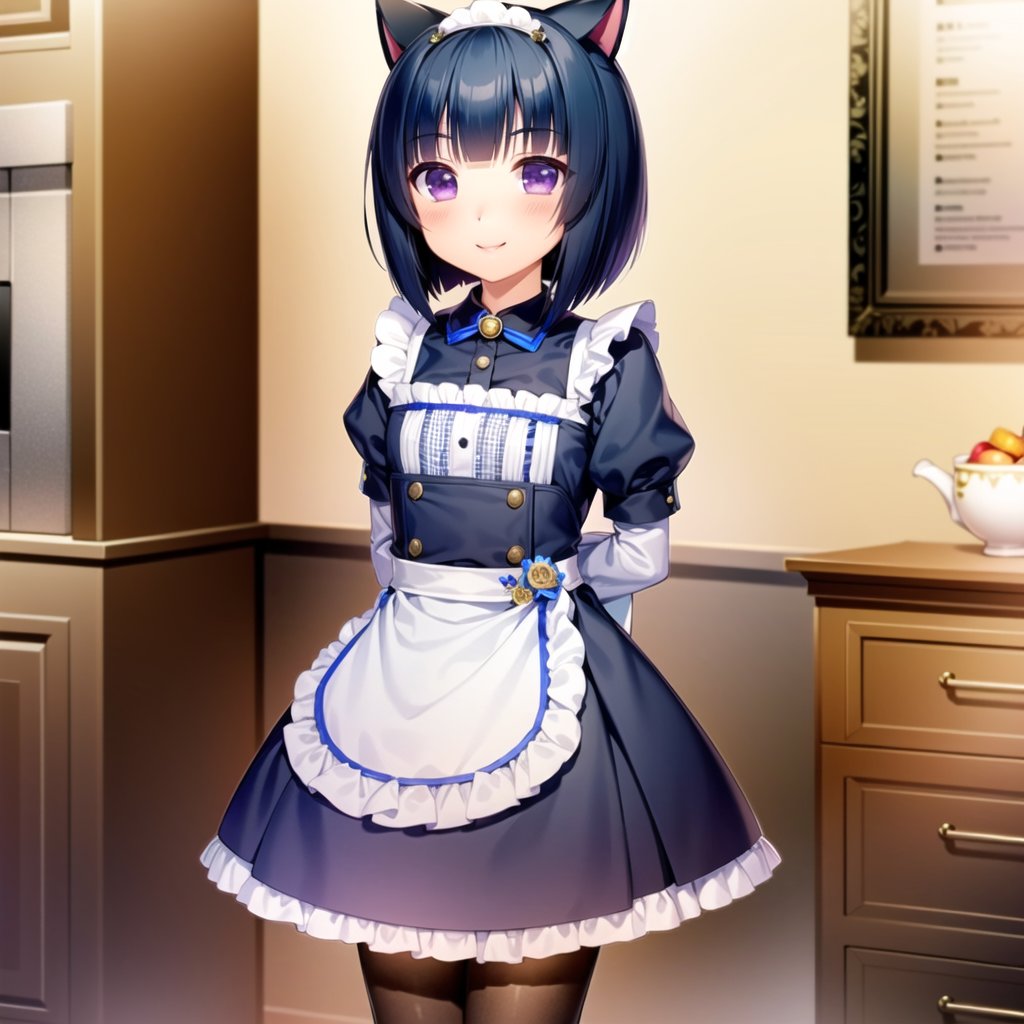 ((masterpiece)), ((best quality)), ((highres)), ((extremely detailed CG unity 8k wallpaper)), solo, <lora:shigure:1>, shigure_neko, nekopara uniform, cat ears, black stockings, white apron, smile, indoors, hands behind back, arms behind back