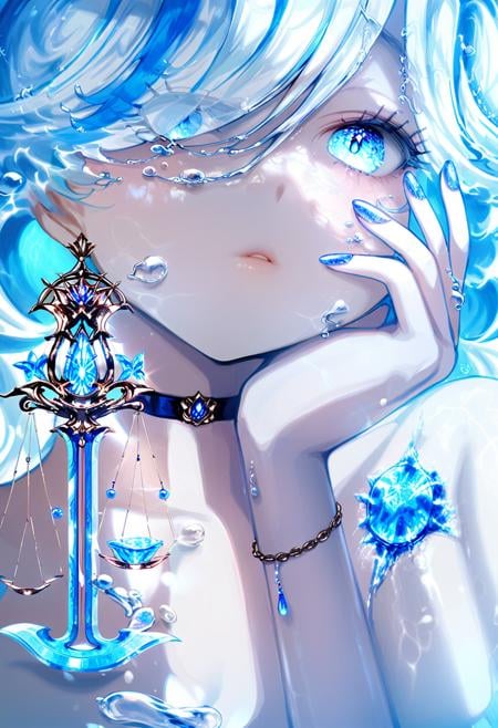 masterpiece, best quality,<lora:OH4XL_ANI31_lokr_V4312:0.95>1girl, furina \(genshin impact\), solo, blue eyes, blue hair, blue nails, jewelry, looking at viewer, long hair, choker, nail polish, earrings, blue gemstone, gem, white hair, multicolored hair, parted lips, hand on own face, hair between eyes, bubble, blue choker, hair over one eye, light blue hair, fingernails, water, liquid hair, portrait, streaked hair, upper body, water drop, blue theme, hand on own cheek