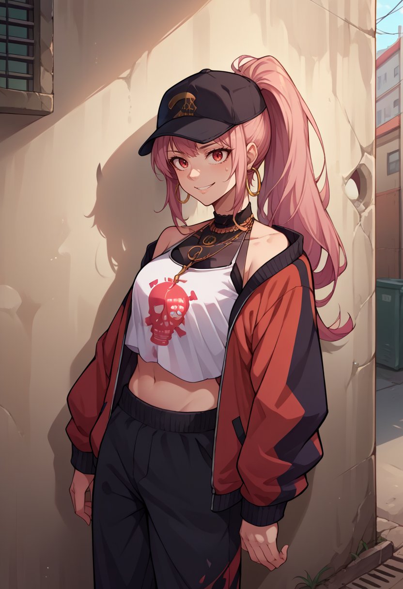 score_9, score_8_up, source_anime, 1girl, solo, MoriStreetwear, long hair, ponytail, baseball cap, necklace, hoop earrings, open track jacket, two-tone red and black track jacket, black sweatpants, white halter shirt, skull print, midriff, outdoors, alley, leaning, back against wall, smile, <lora:CHAR-MoriCalliopePonyXL:1>