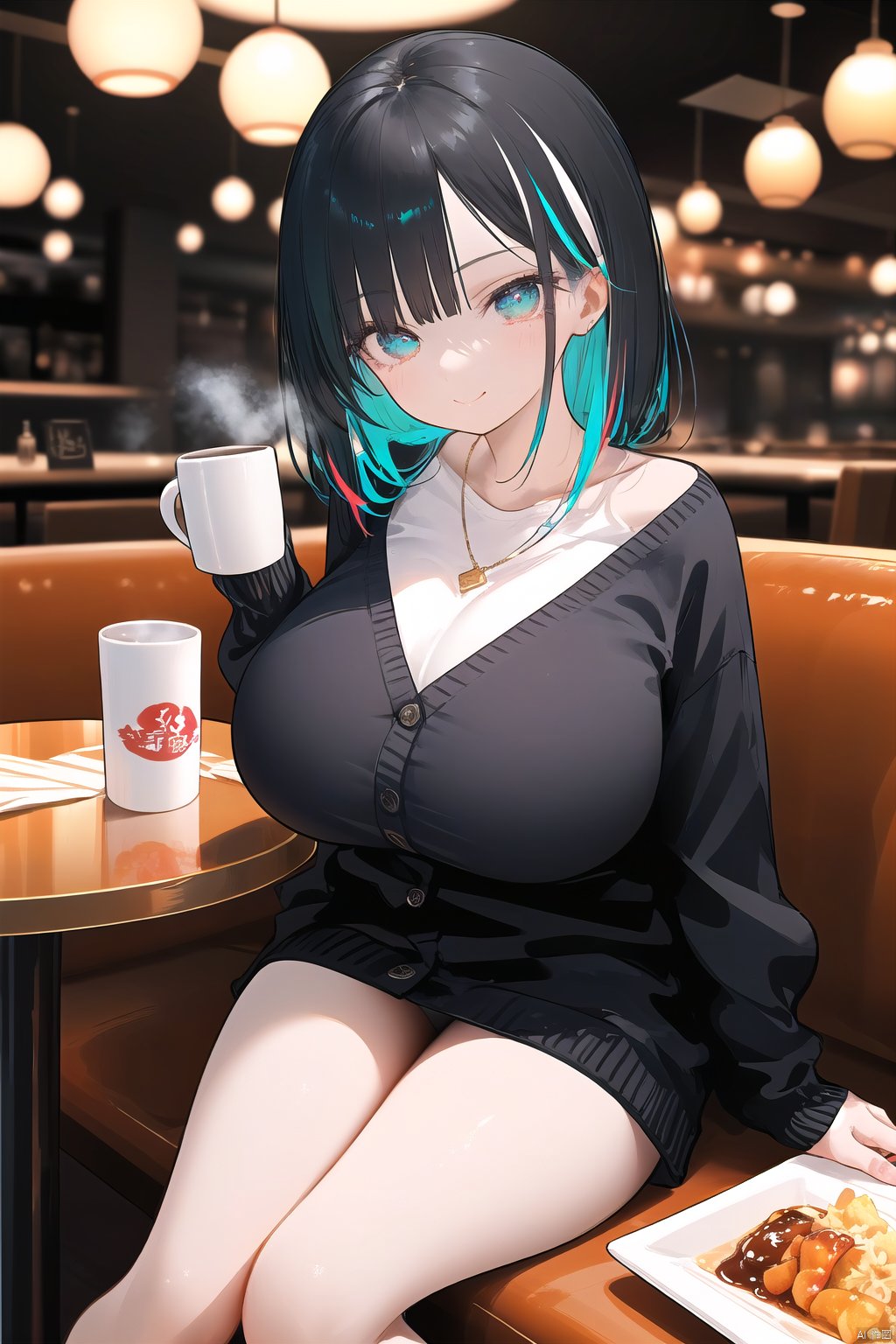 (detailed eyes, detailed face, detailed skin),masterpiece, (best quality, ultra-detailed,insanely detailed:1.2), (ultra high res,sharp focus,perfect anatomy,cel animation,fantastic illumination), super fine, anime beautiful girl, nai3,skindentation,(((petite,huge_breasts,gigantic_breasts,curvy_breasts,long legs))),dynamic pose,A girl with aqua and black streaked hair sits at a table in a cozy restaurant setting. She is wearing a stylish grey sweater and an open cardigan, accessorized with jewelry and a necklace. The girl has a warm smile and is looking directly at the viewer, exuding a friendly and inviting vibe. On the table, there are a bottle of soy sauce, a mug, and a hand fan, adding to the ambiance of the scene. Steam rises from a cup of food, creating a sense of warmth and comfort in the restaurant. The focus is on the girl's engaging expression, her fashionable attire, and the inviting atmosphere of the restaurant.<lora:EMS-348865-EMS:1.000000>, <lora:EMS-256162-EMS:0.600000>, <lora:EMS-281633-EMS:0.400000>