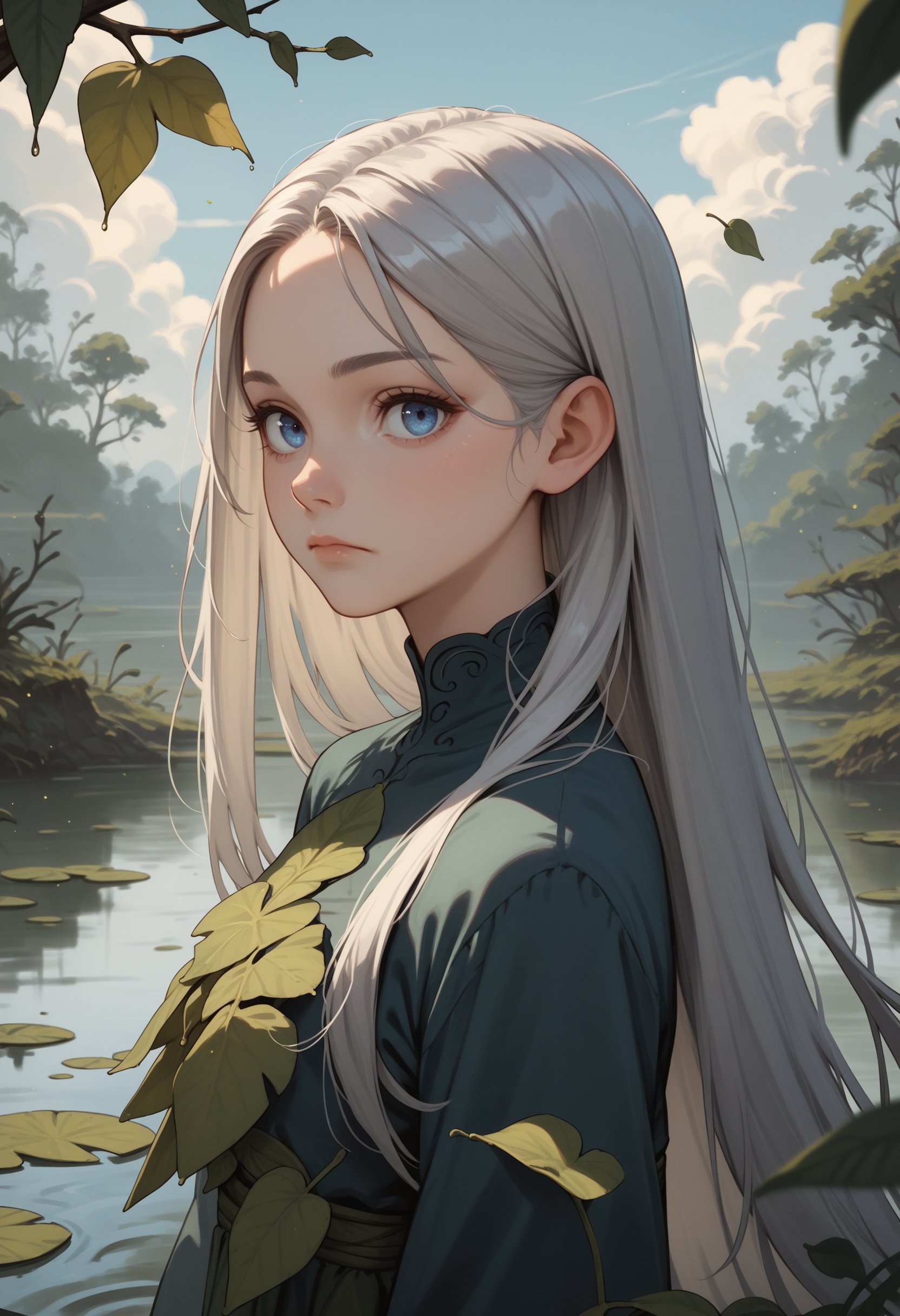 score_9, score_8_up, score_7_up, score_6_up, score_5_up, score_4_up, rating_safe, 1girl, blue eyes, long hair, silver hair, swamp, dark cloudy sky, long sleeves, leaf dress, upper body, from side, looking at viewer, closed mouth