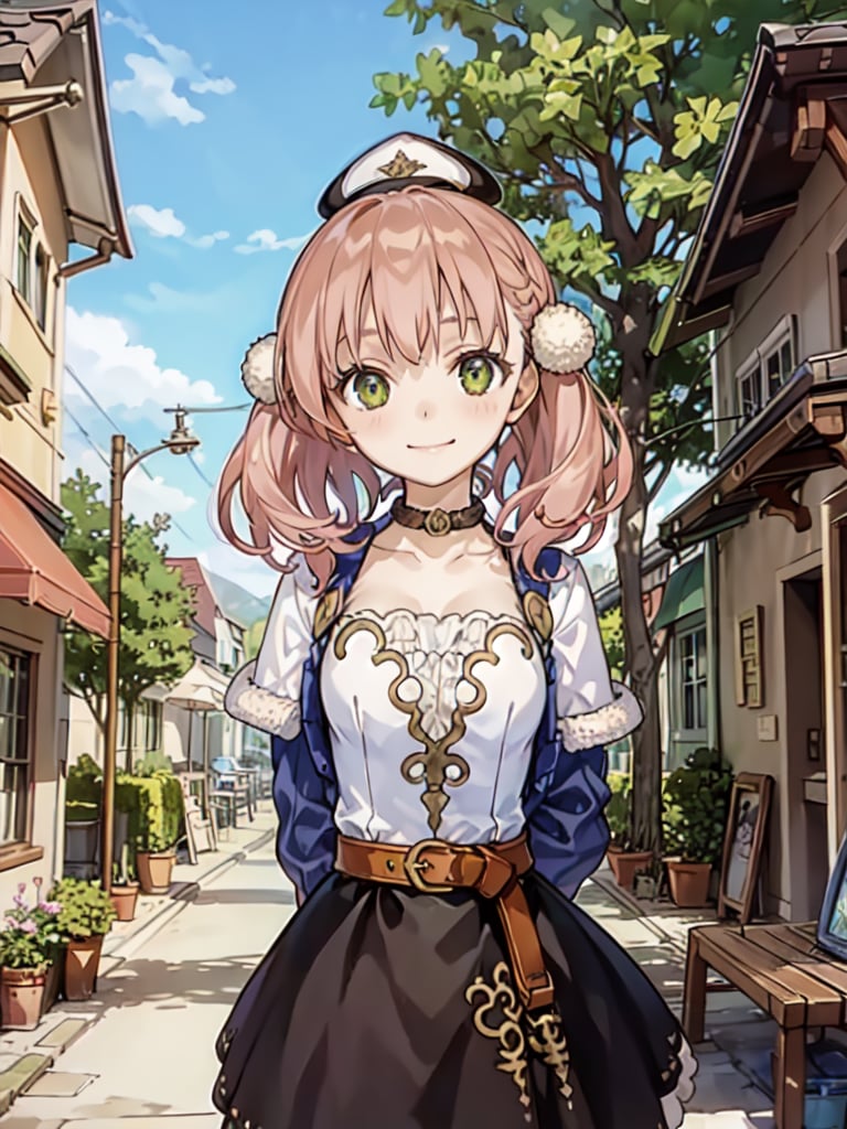 charescha, 1girl, solo, masterpiece, best quality, upper body, smile, closed mouth,choker, hat, short hair, standing,outdoors, town, skirt, city, mountain, path, tree, looking at viewer, arms behind back, depth of field, <lora:eschav2:0.8>, <lora:myst1b-000028:0.5>