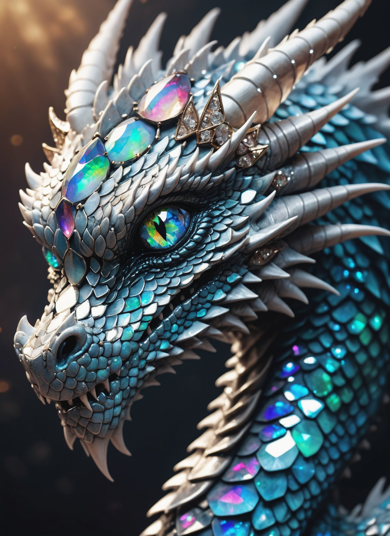 A beautiful portrait photograph of a dragon with diamond and gemstone scales, opal eyes, cinematic, gem, diamond, crystal, fantasy art, hyperdetailed photograph, shiny scales, 8k resolution