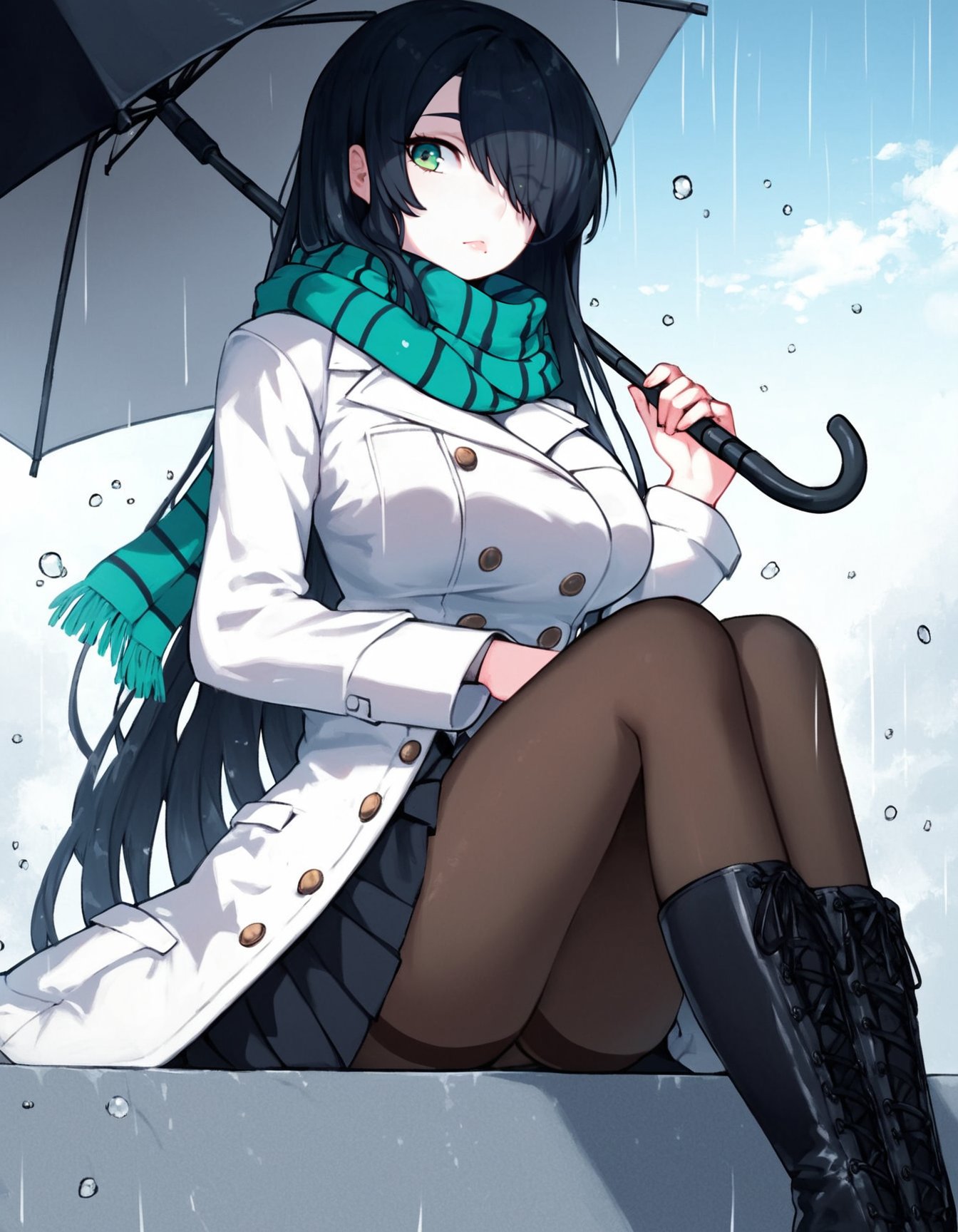 score_9, score_8_up, score_7_up, score_6_up, score_5_up, zPDXL3, max detail, 4k wallpaper, masterpiece, best quality, absurdres, highres, dynamic angle, dynamic pose, source_anime, 

TobiasWhellerStyle,1girl, long hair, rain, striped, hair over one eye, black hair, skirt, scarf, solo, umbrella, sitting, looking at viewer, breasts, black skirt, coat, pantyhose, green eyes, long sleeves, green scarf, fur trim, buttons, water drop, parted lips, boots, striped scarf, outdoors, miniskirt, blush, wet, holding umbrella, white coat, bangs, pale skin, large breasts, thighhighs, fur-trimmed boots, arm support, very long hair, striped thighhighs, pleated skirt, striped pantyhose, colored skin, white skin, black scarf, cloudy sky<lora:TobiasWhellerStyle-000014:1>
