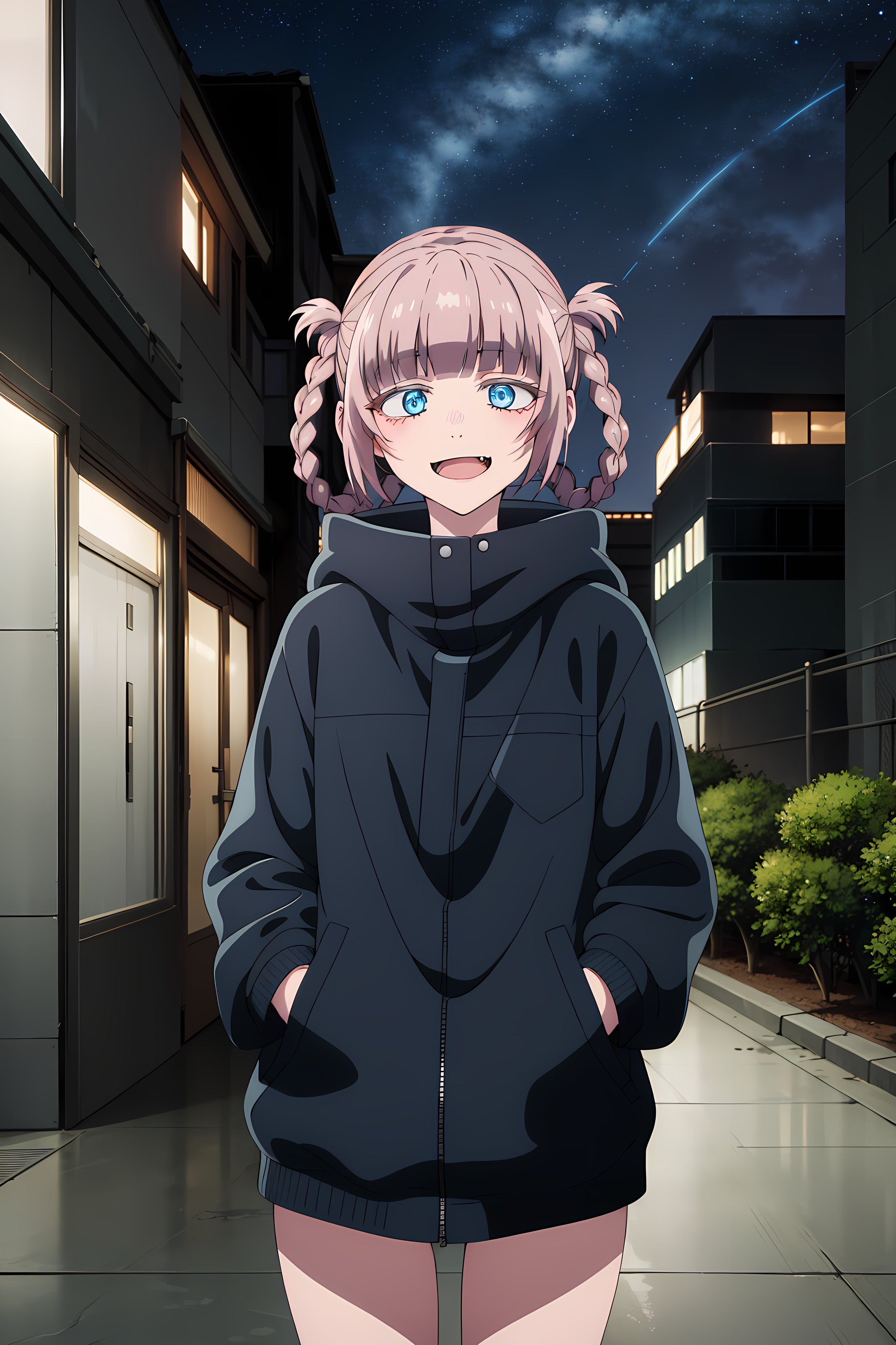 best quality, masterpiece, detailed,<lora:YofukashiNoUta_NanakusaNazuna:0.9>, NanakusaNazuna,1girl, open mouth, smile,pink hair, short hair, blunt bangs, braid, hair rings, blue eyes, fang,NanakusaJacket, jacket, hood,looking at viewer, hand in pocket, thigh gap,outdoors, city, night, starry sky