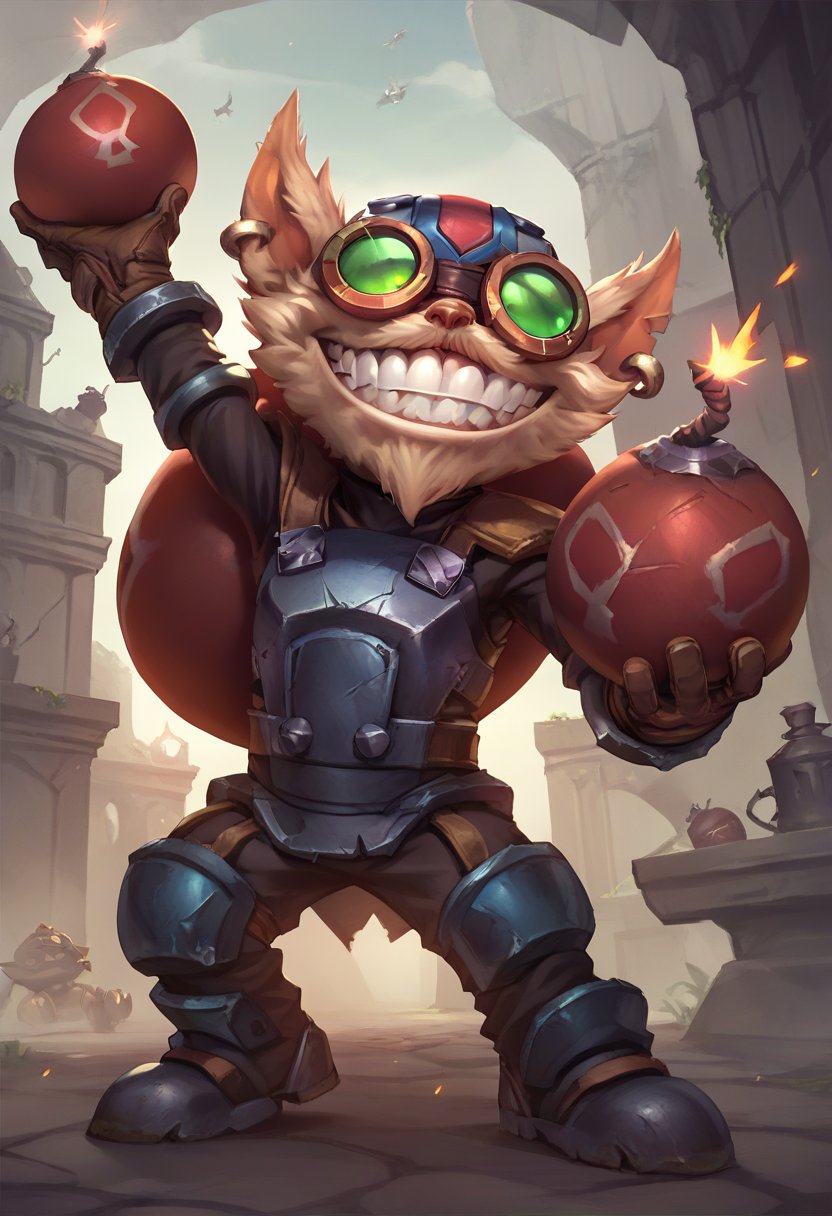 ,score_9, score_8_up, score_7_up, score_6_up,z1ggs, 1boy, male focus, yordle, teeth, grin,  holding bomb, bomb, grenade ,armor, goggles, helmet, gloves, brown gloves,  <lora:Ziggs_Default_v1:0.9>