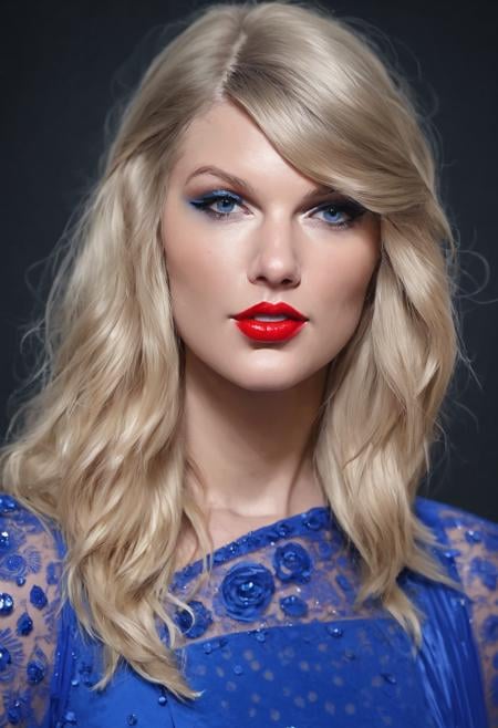 score_9, score_8_up, score_7_up,  rating_safe,tayswift, <lora:taySwiftPony:1.0>,long blonde hair, blue eyes, portrait,  blue dress, makeup, lipstick, 