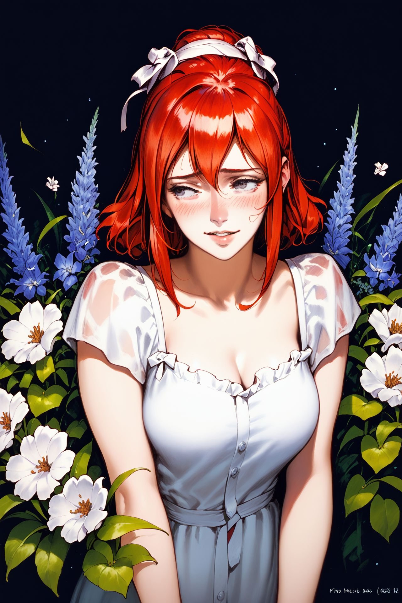 score_9, score_8_up, score_7_up, 1girl, looking to the side, embarrassed_nose_blush_smile, red hair, hair_between_eyes, silver eyes, medium breasts, Goat's_Beard \(flower\), background_text <lora:Kojima_Ayami_PonyXL_style_v01:1>