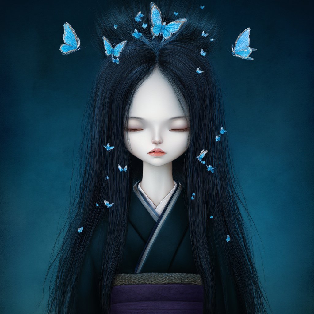 1girl,solo,long hair,blue eyes,black hair,upper body,parted lips,japanese clothes,kimono,lips,makeup,half-closed eyes,bug,butterfly,blue theme,nose,black kimono,blue butterfly lowbrow art style, surreal,<lora:LowBrowF1D:1>