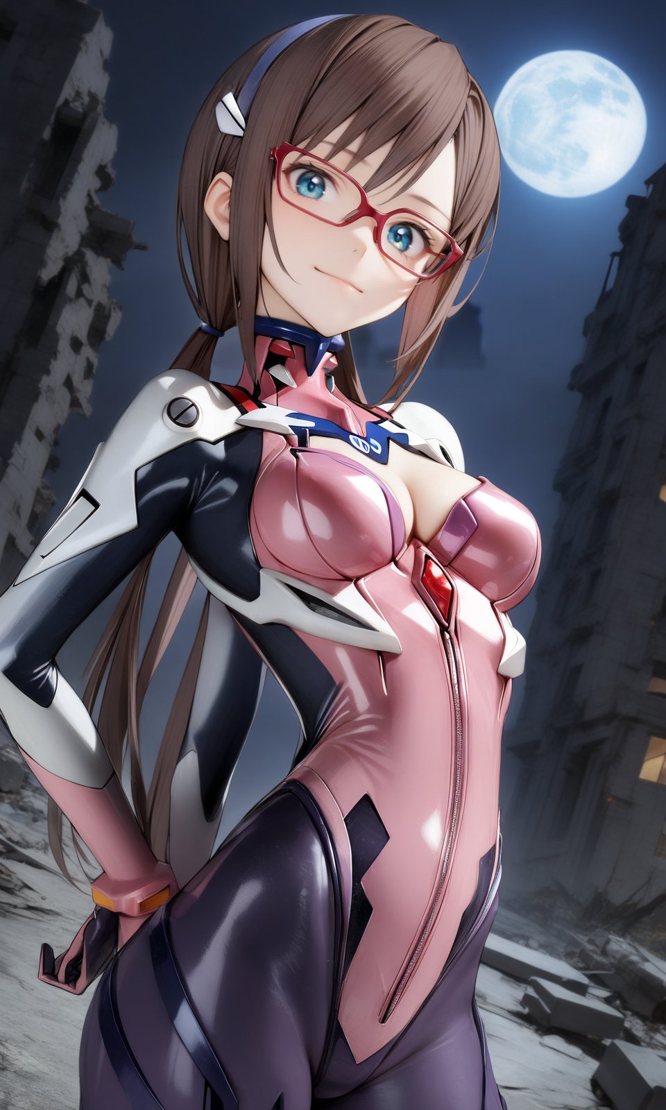 1girl, marishin, blue eyes, glasses, brown hair, medium breasts, cleavage, (plugsuit:1.1), thigh boots, looking at viewer, light smile, (upper body:1.1), straight-on, arms at sides, (hands behind back:1.15), outdoors, ruins, night, moon, masterpiece, best quality, very aesthetic, absurdres, nyatabe, <lora:MariShinFlare_XL:0.7><lora:Nyatabe_XL:1> 